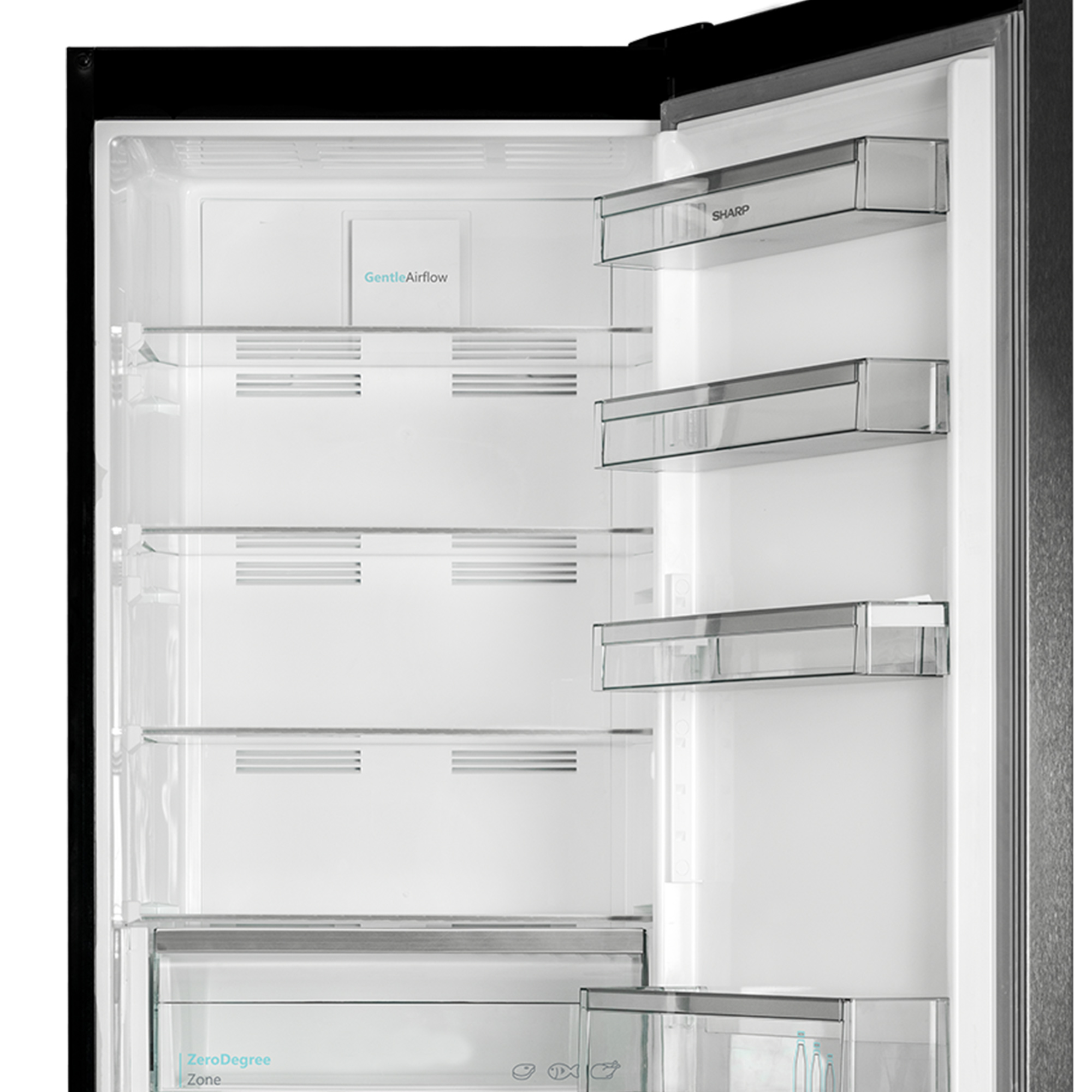 Otwarta lodówka z półkami, szufladami i naklejką 'GentleAirflow'.