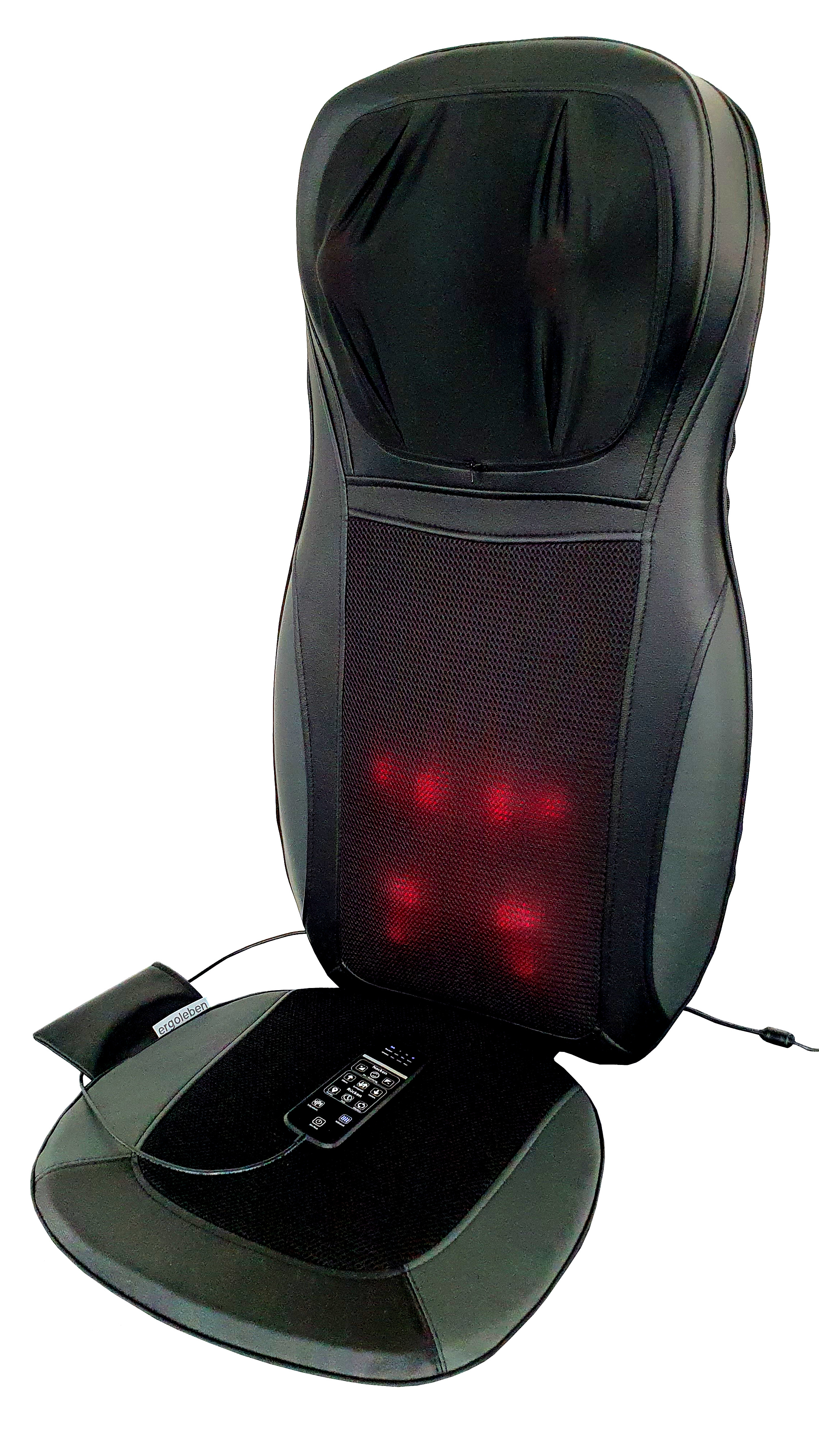 Schwarzes und graues Massage-Stuhlkissen mit Steuerung. Rote Lichter, weißer Hintergrund.