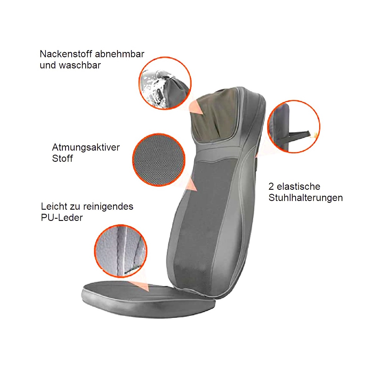 Schwarzes Massagesesselkissen mit Etikettendetails, darunter atmungsaktiver Stoff und PU-Leder.