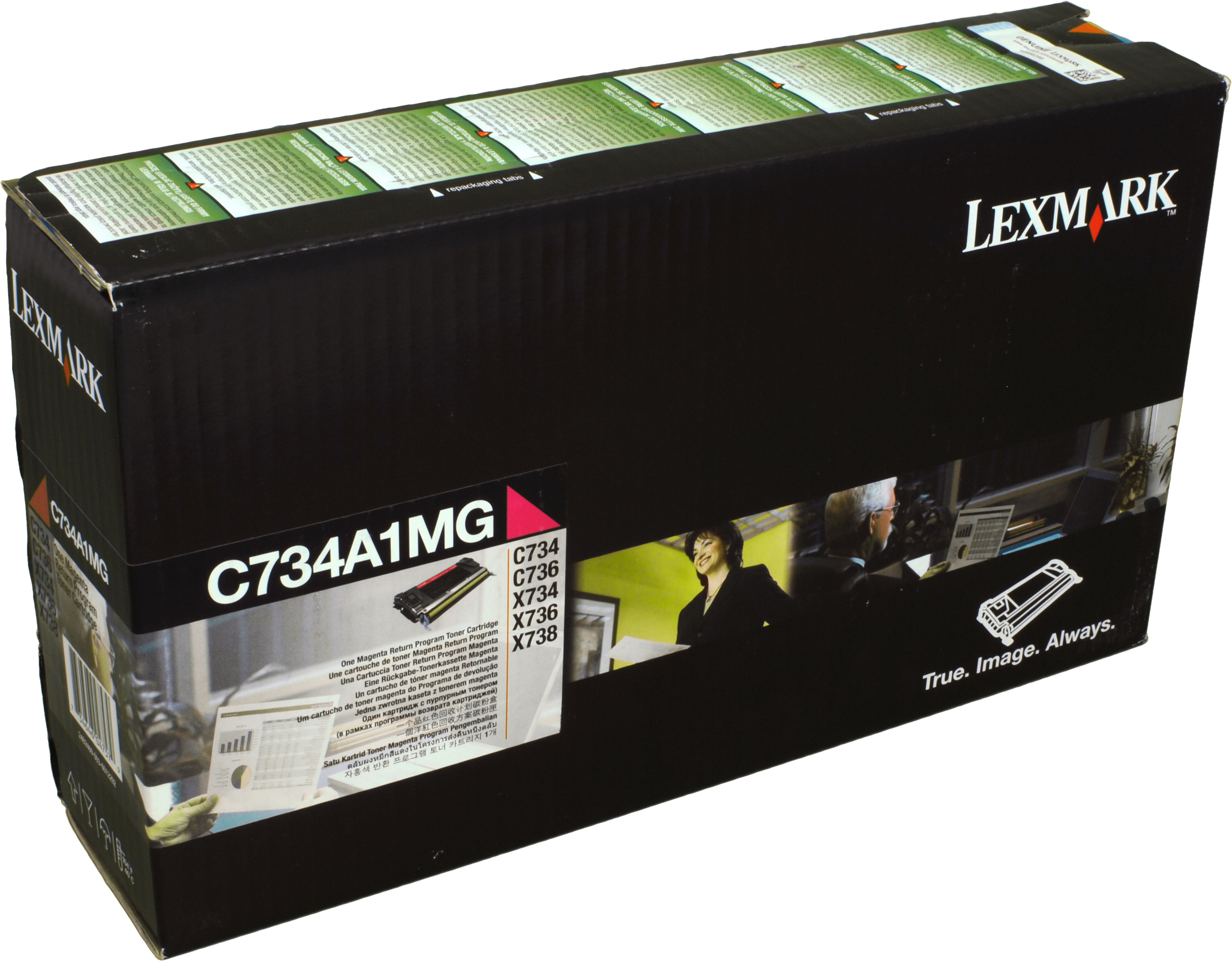 Eine schwarze Lexmark-Drucker-Tonerkartuschenbox mit Bildern von Personen und Text. Der Hintergrund ist weiß.