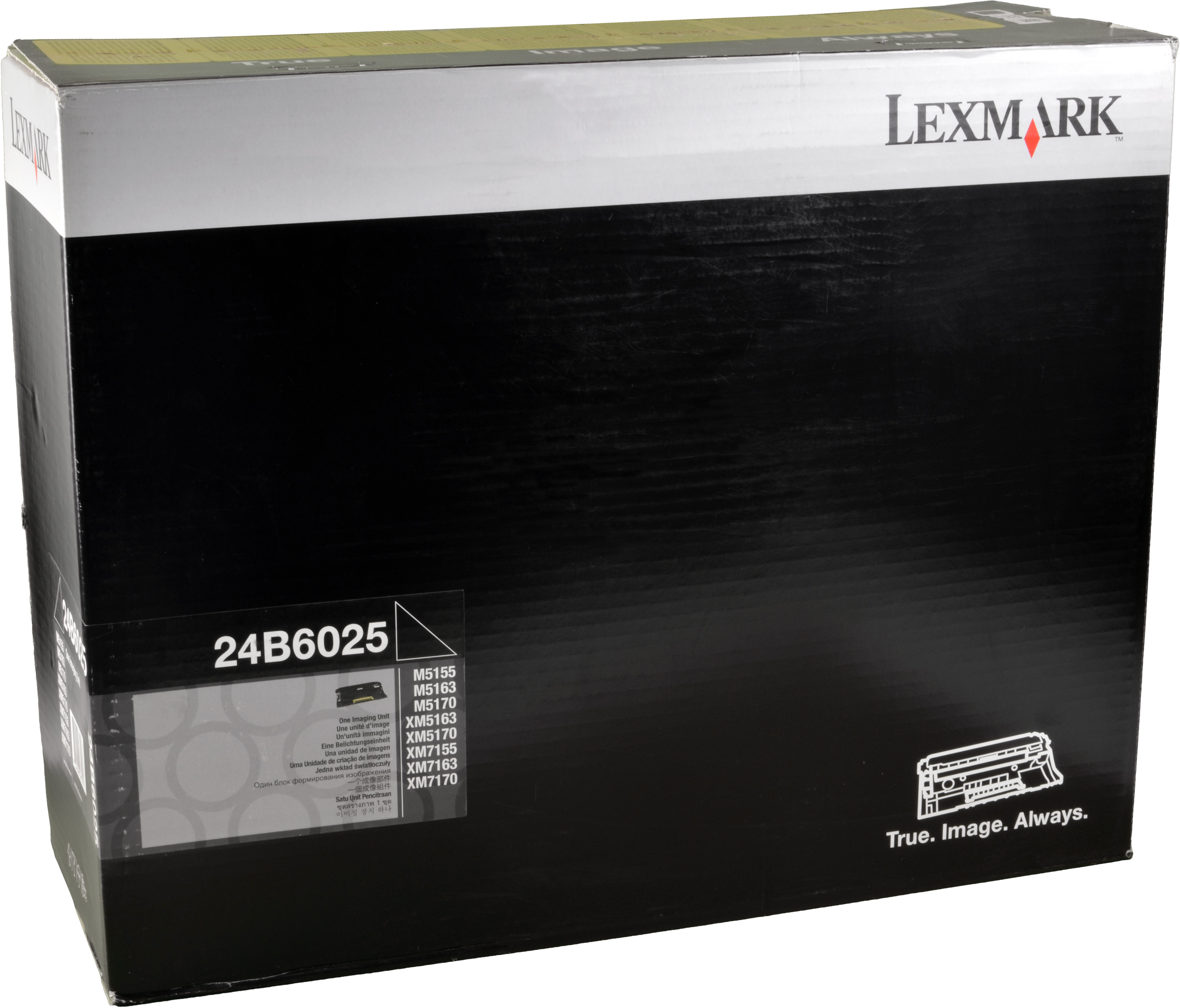 Schwarze Lexmark Tonerkartuschenbox mit Text und Diagramm.