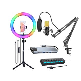 Kit aro de luz  - KREC KLACK, Anillo led + Hub + Micrófono condensador + Estación USB Negro