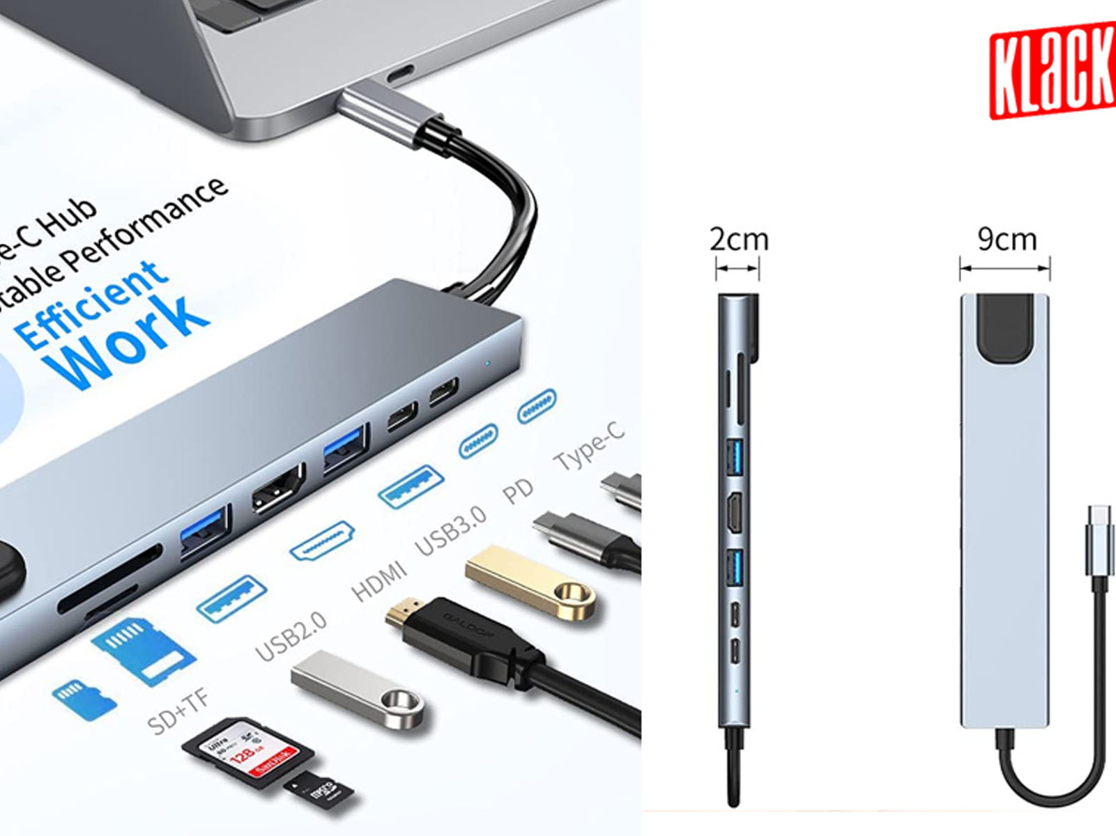 Un concentrador USB-C plateado con varios puertos y accesorios conectados. Muestra dimensiones.