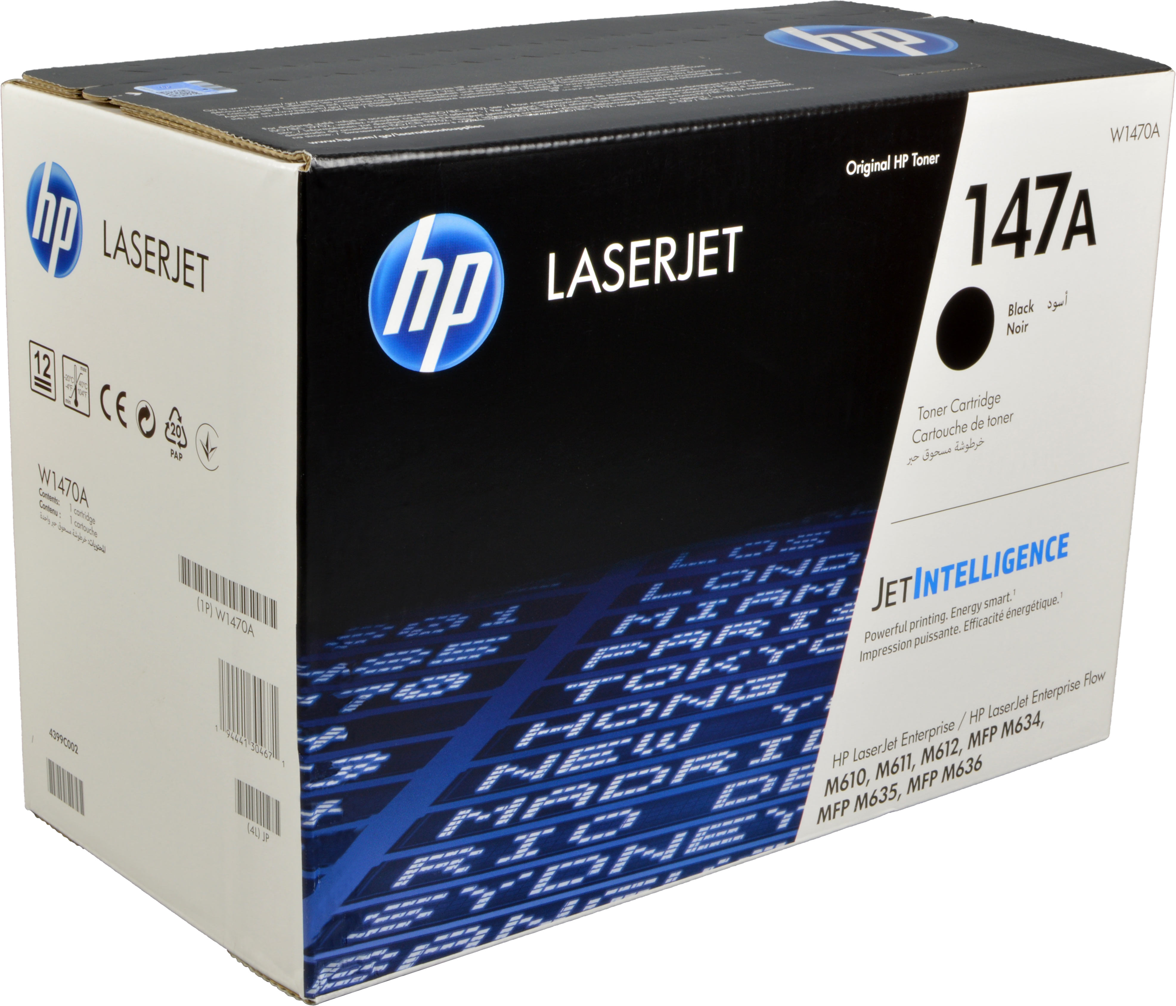 Scatola della cartuccia toner HP LaserJet. La scatola è nera e blu con testo bianco e un design a paesaggio urbano. Lo sfondo è bianco.