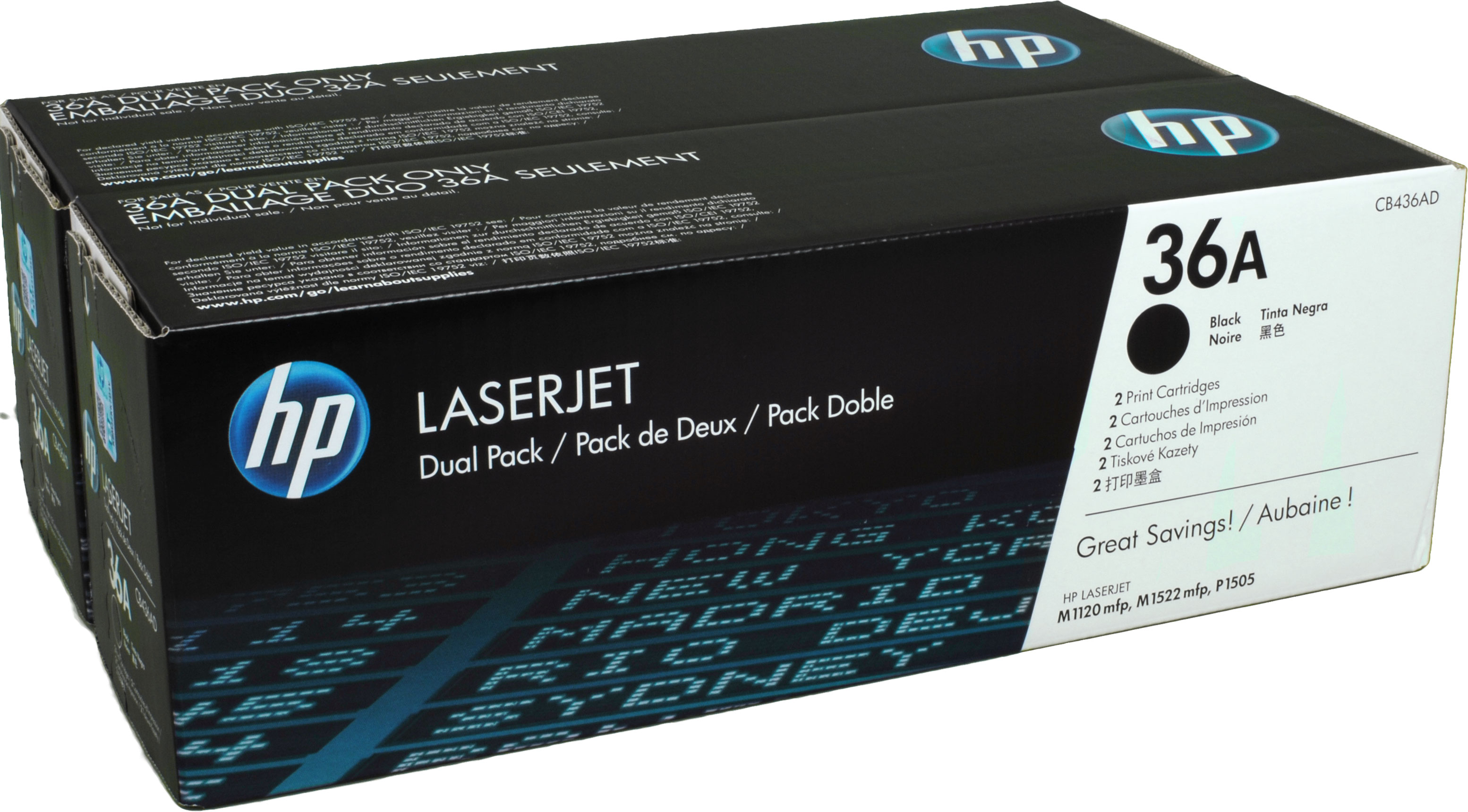 Eine Doppelpackung schwarzer Tonerkartuschen in einer Box. Die Box ist mit dem HP-Logo versehen.