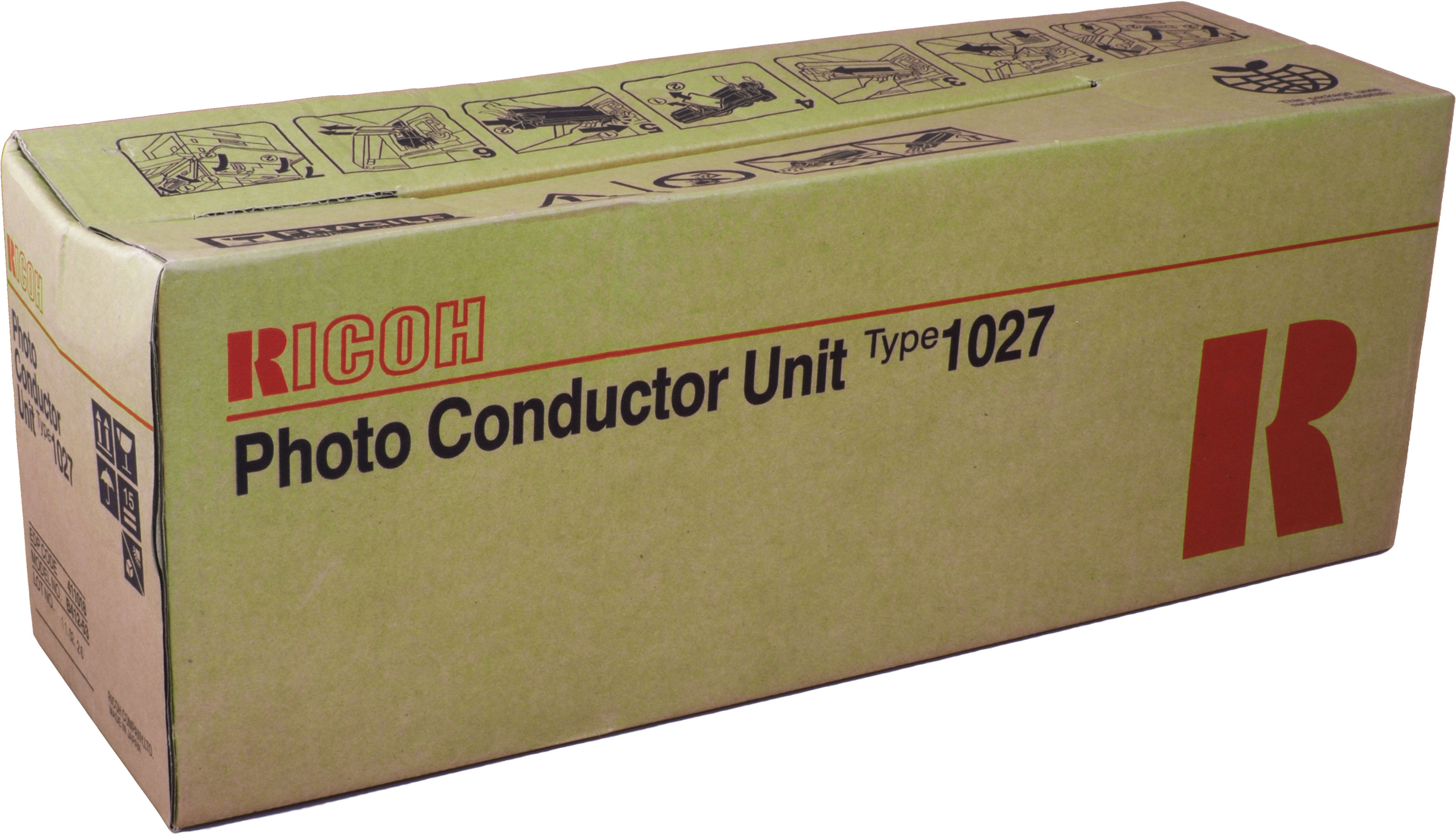 Ricoh Photo Conductor Unit Karton. Beigefarbener Karton mit rotem Ricoh-Logo.