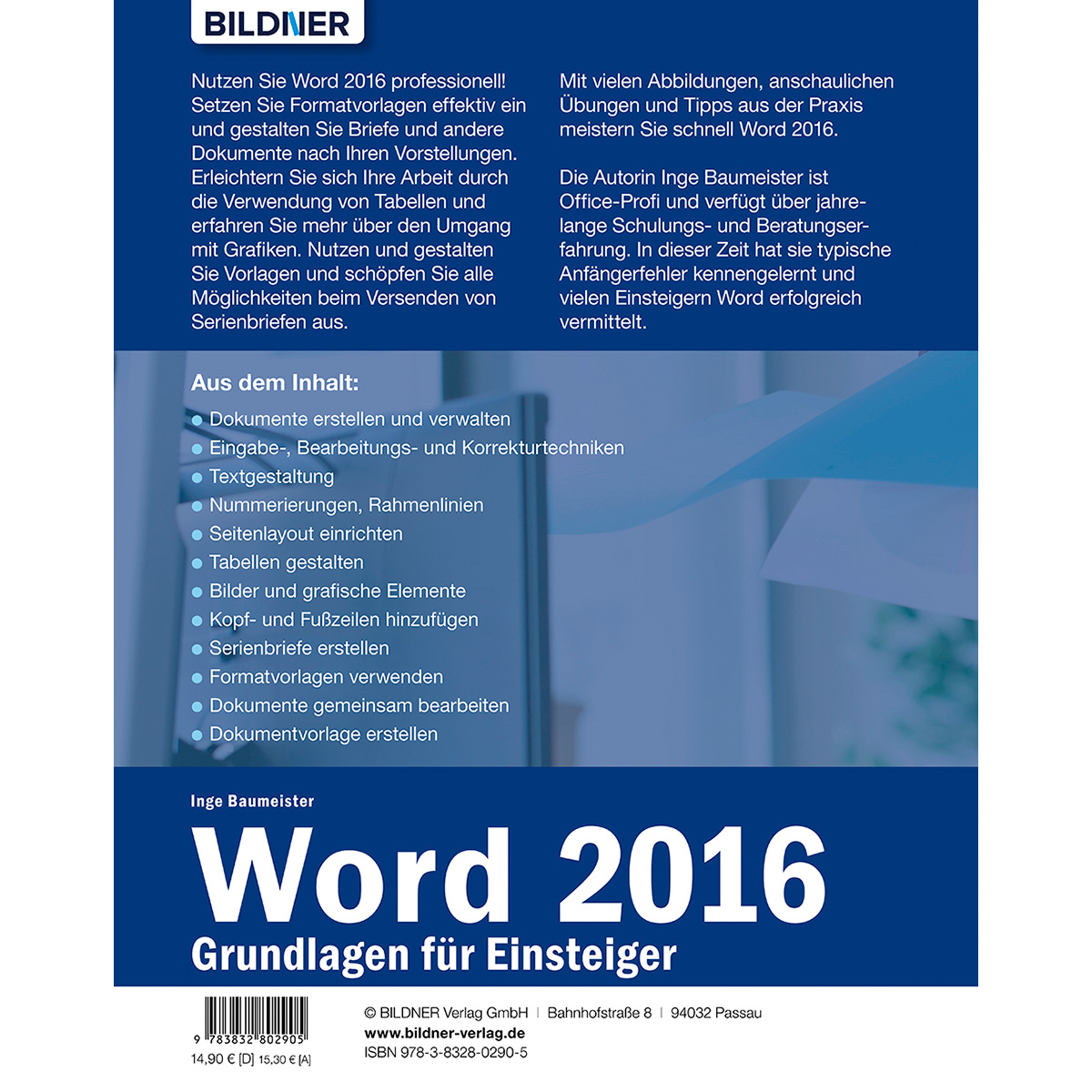 Buchcover mit Text über Word 2016 und die Grundlagen für Anfänger. Blauer und weißer Hintergrund.