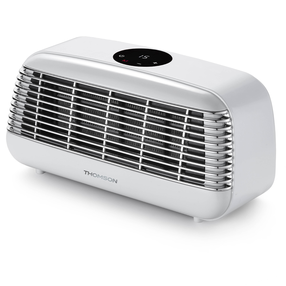 Un termoventilatore elettrico Thomson bianco e argento su bianco.