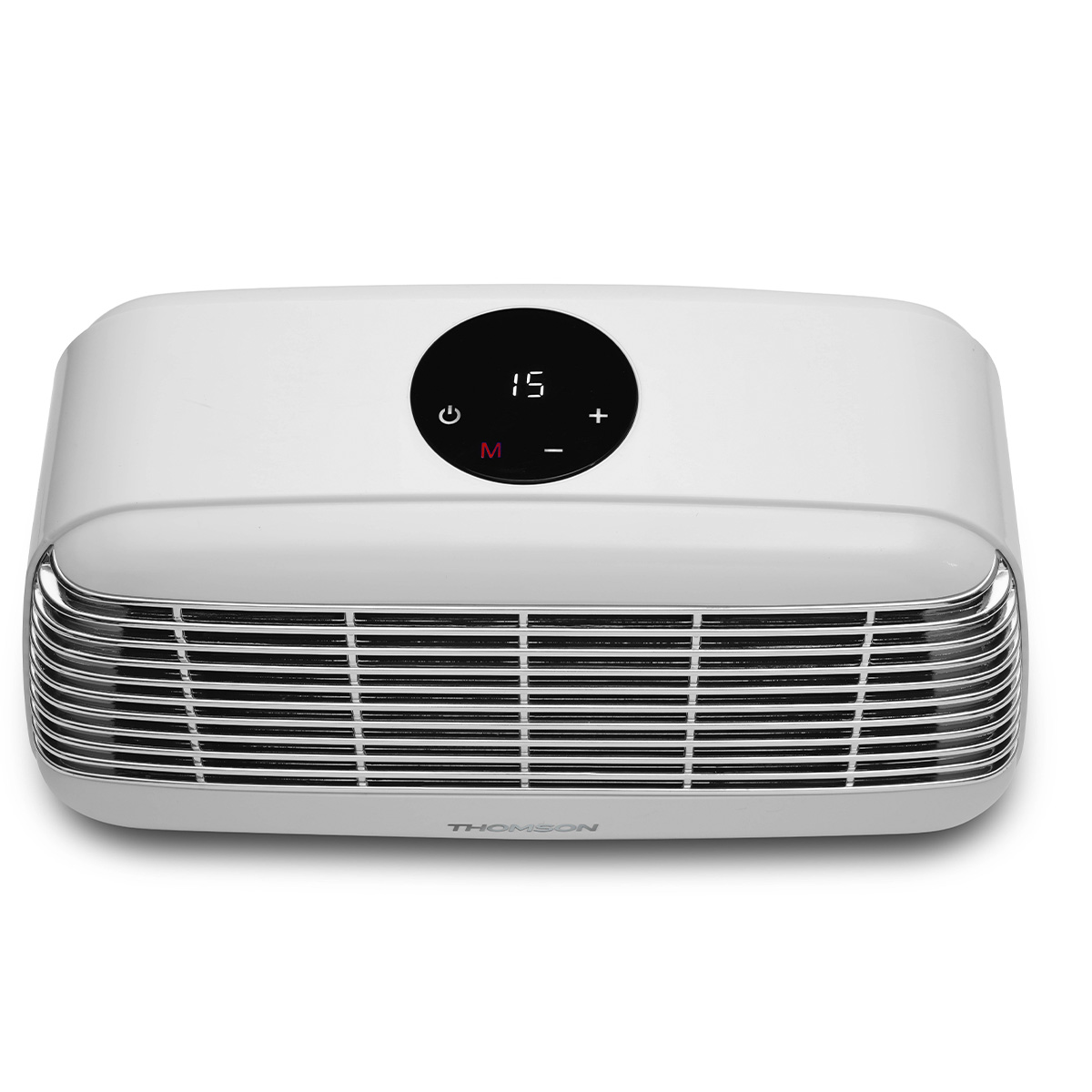 Ventilatore elettrico bianco con display nero. Griglia in basso, il marchio è Thomson.