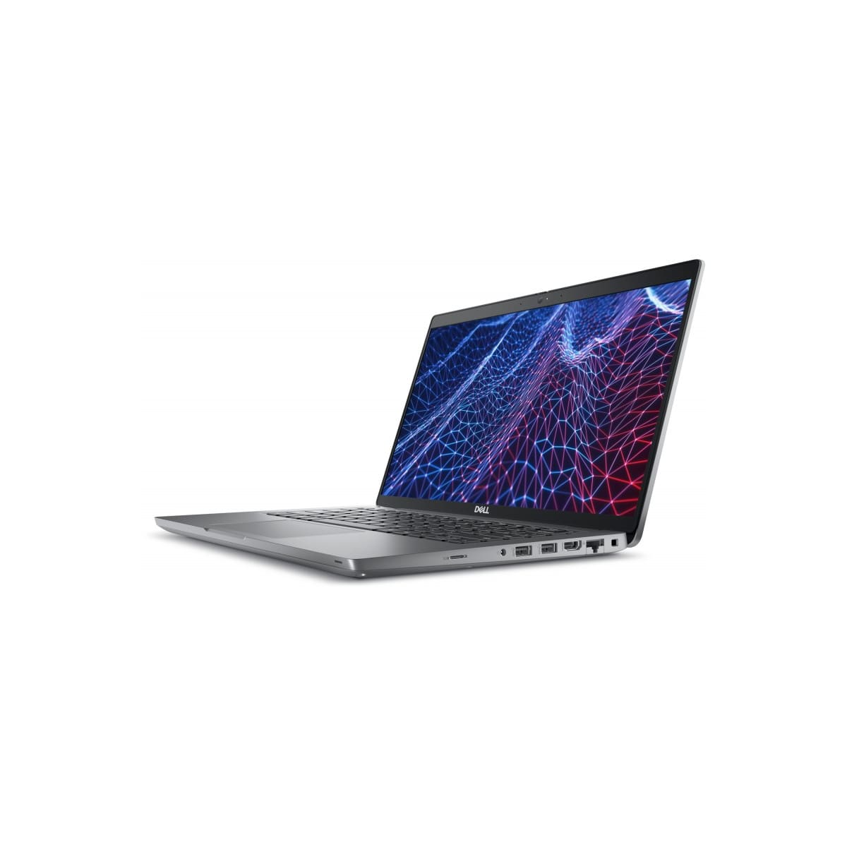 Un portátil Dell plateado, abierto en ángulo. La pantalla muestra un patrón azul y rojo.