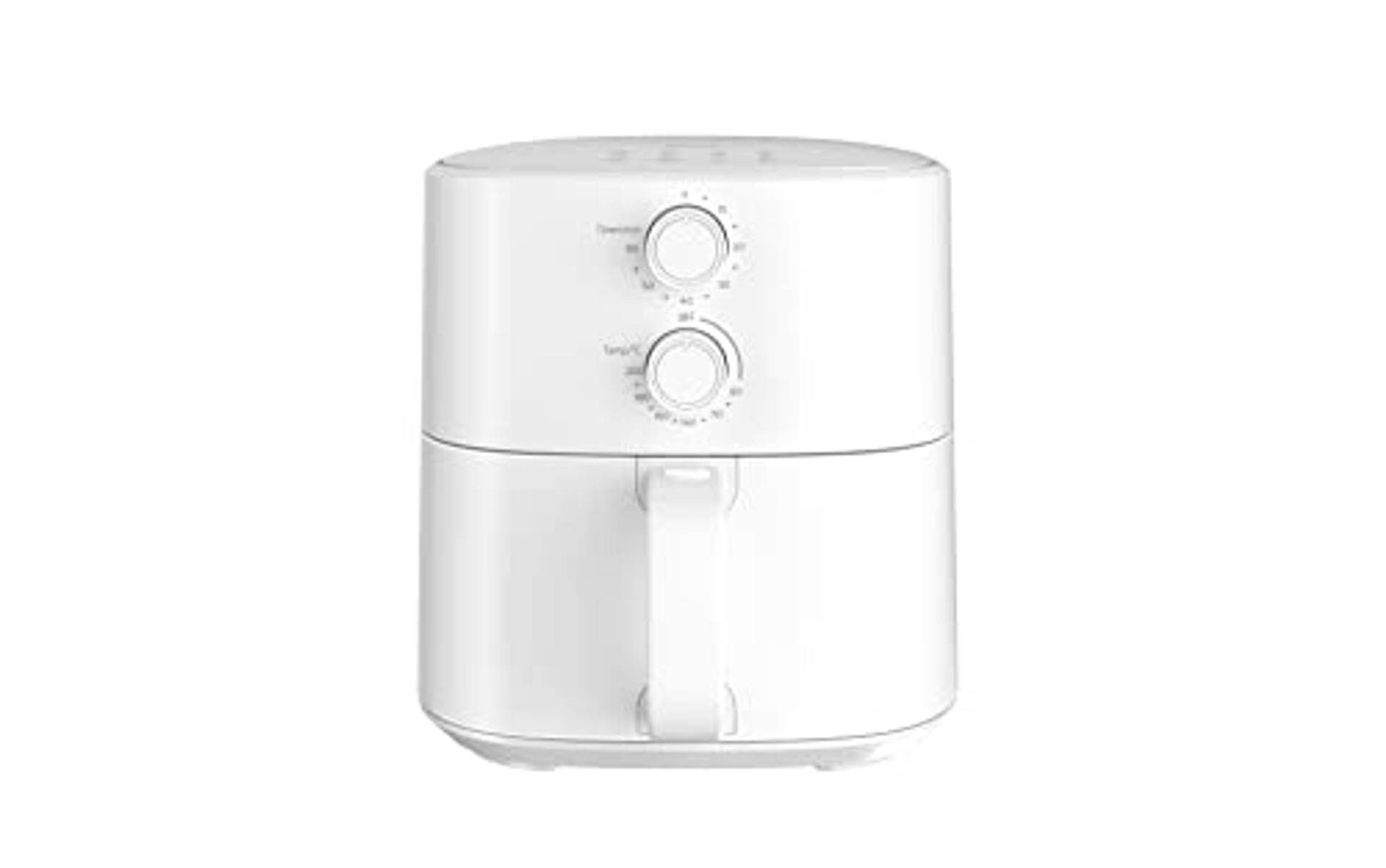 Freidora de aire blanca con dos diales de control, asa y diseño de dos niveles. Aislada.