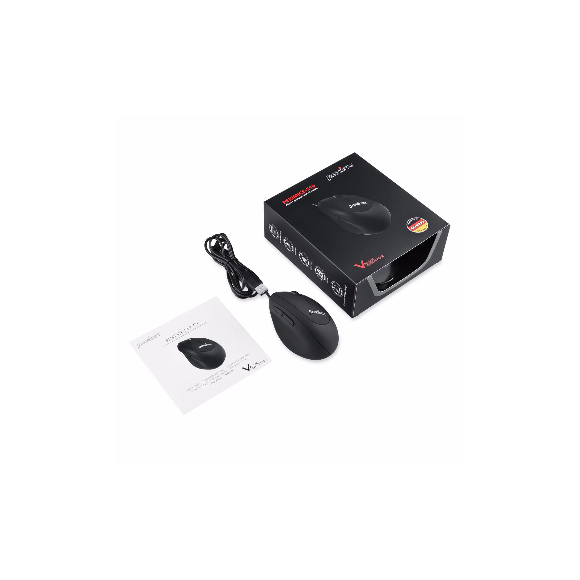 Mouse da gaming nero con scatola e accessori, su superficie bianca.