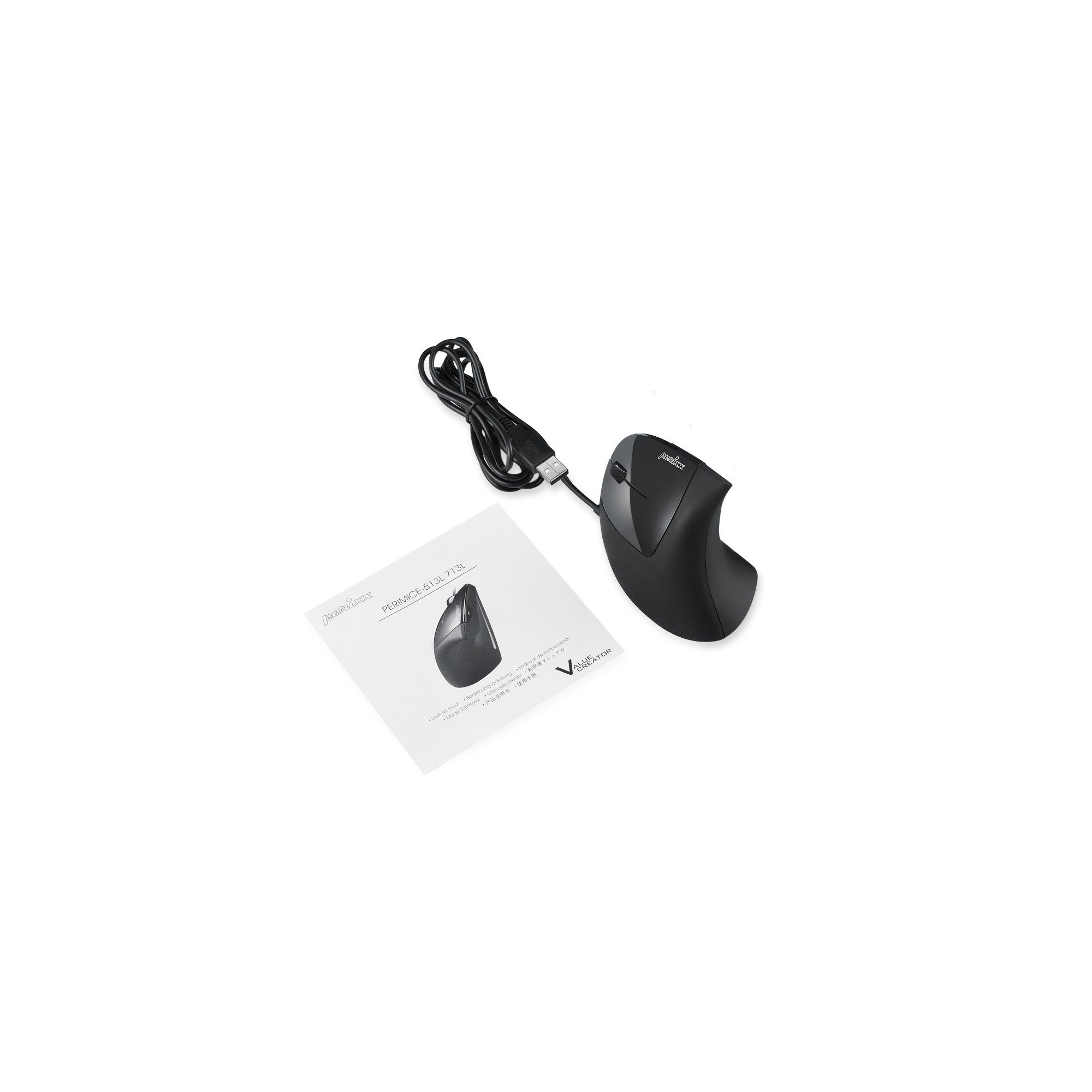 Czarna ergonomiczna mysz i instrukcja na białej powierzchni. Kabel jest podłączony do myszy.