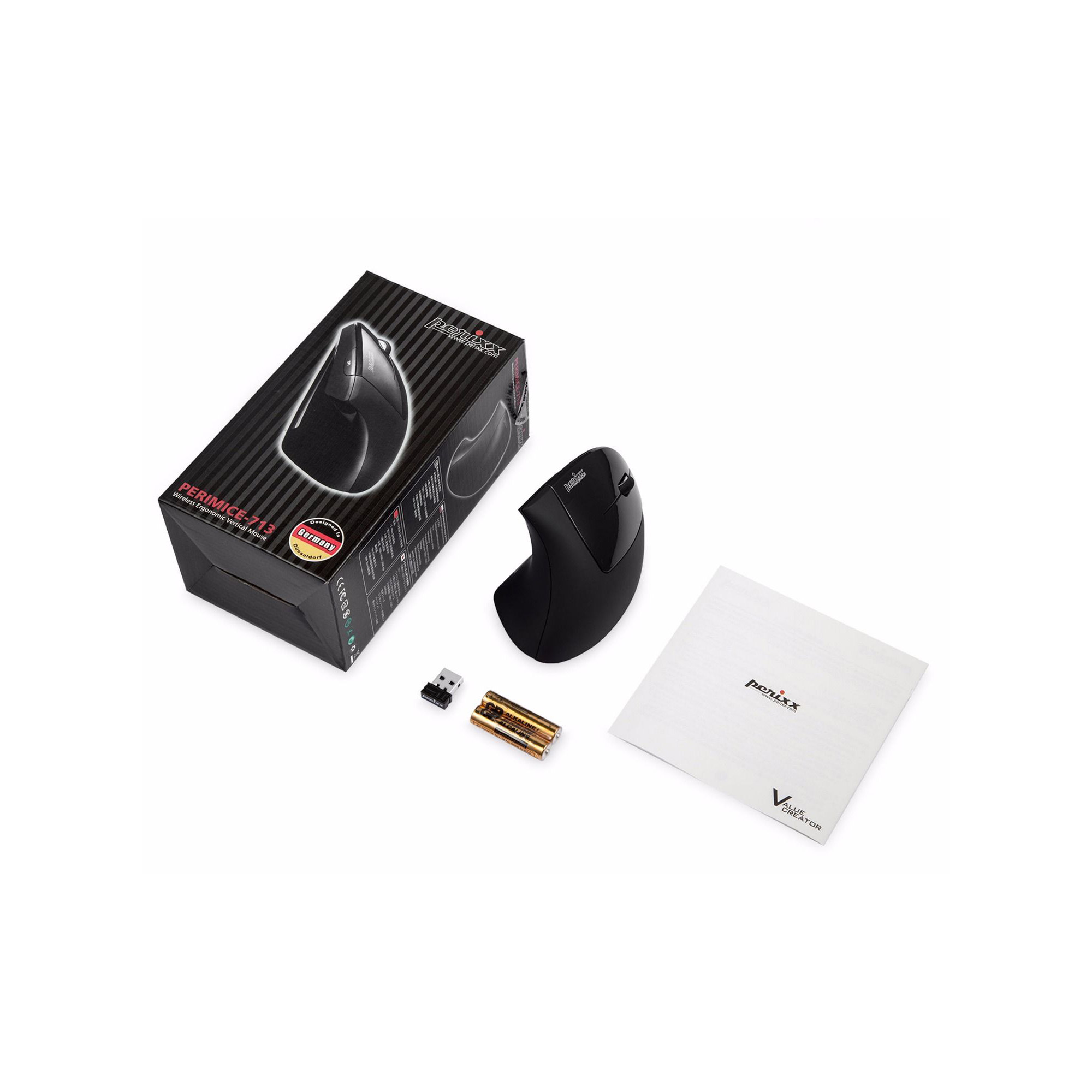 Czarna ergonomiczna mysz w pudełku z bateriami i odbiornikiem USB oraz instrukcja na białym tle.