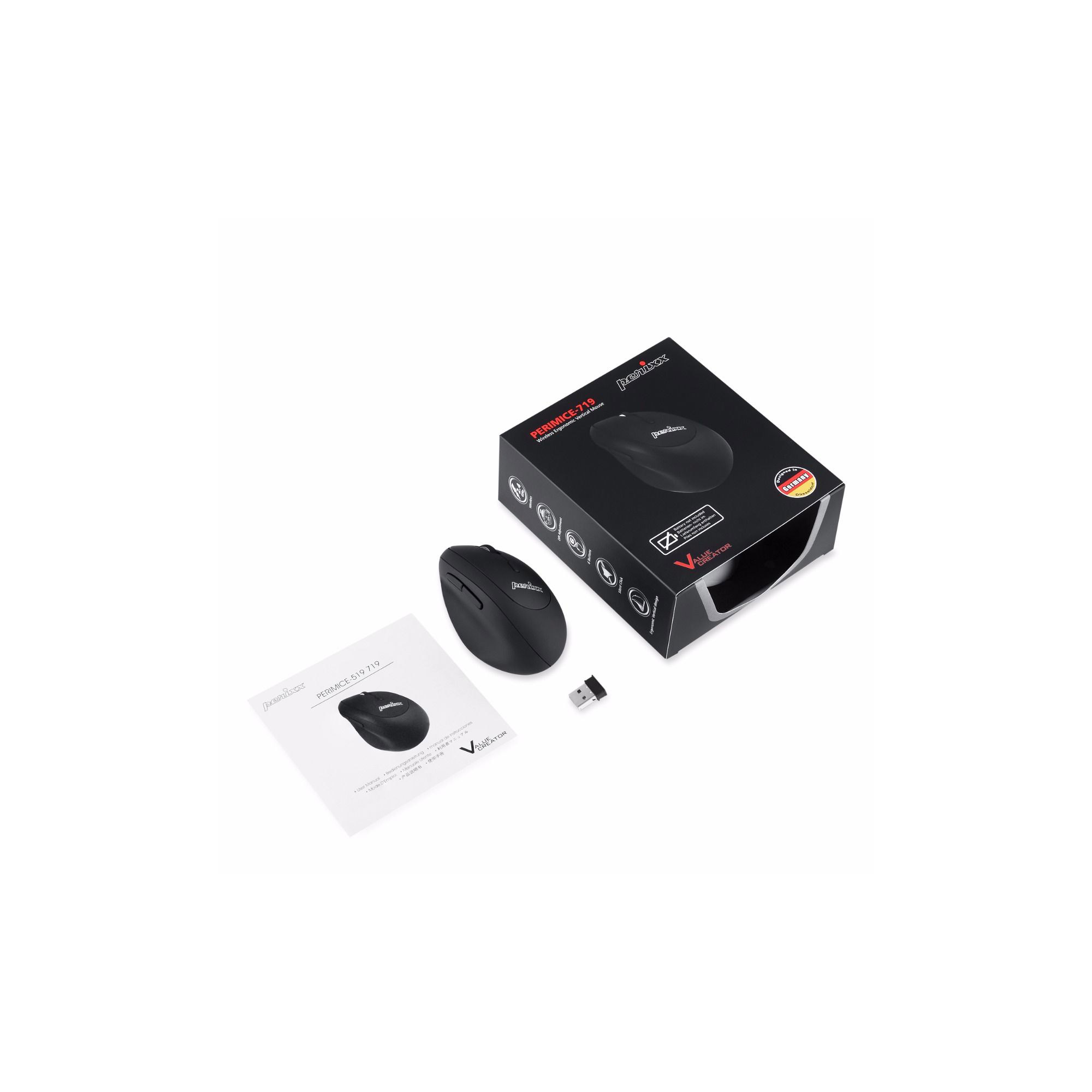 Zwarte muis met doos, USB-dongle en gebruikershandleiding op wit oppervlak.