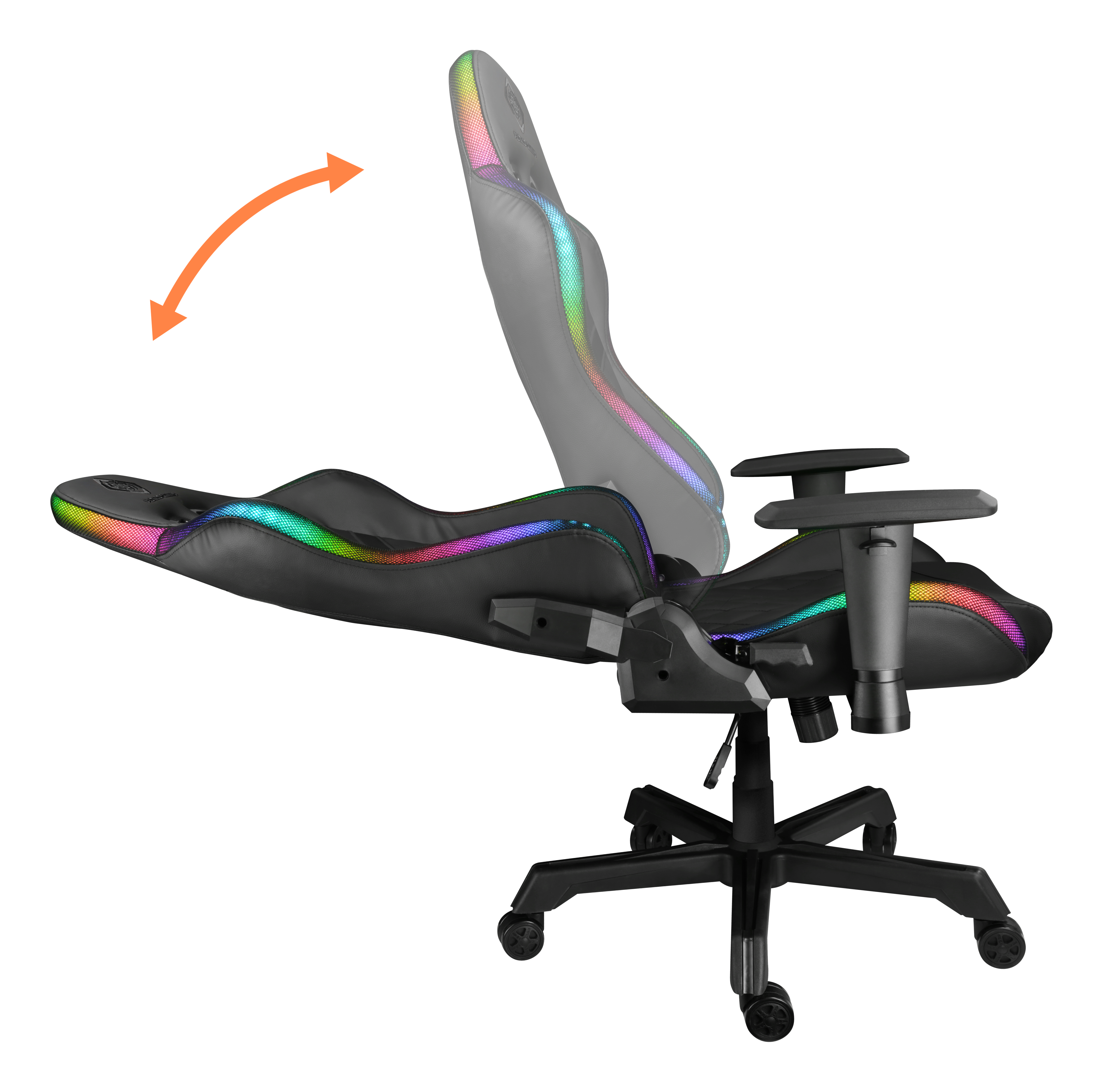 Gaming-Stuhl mit Lichtern. Rückenlehne wird mit einem orangefarbenen Pfeil angehoben. Schwarzer Stuhl mit mehrfarbigen Lichtern.