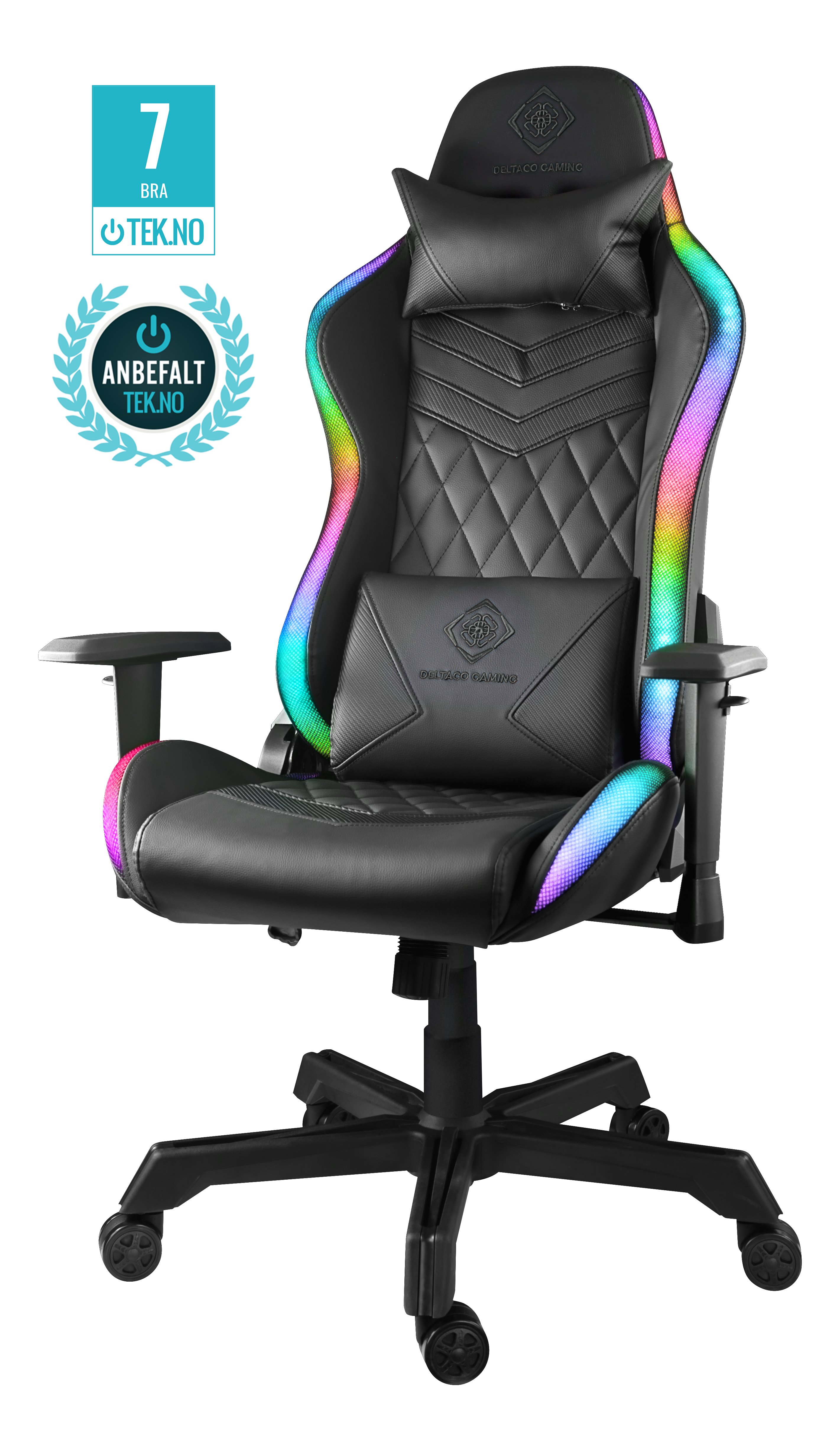 Ein schwarzer Gaming-Stuhl mit bunten LED-Leuchten und Logo wird gezeigt.