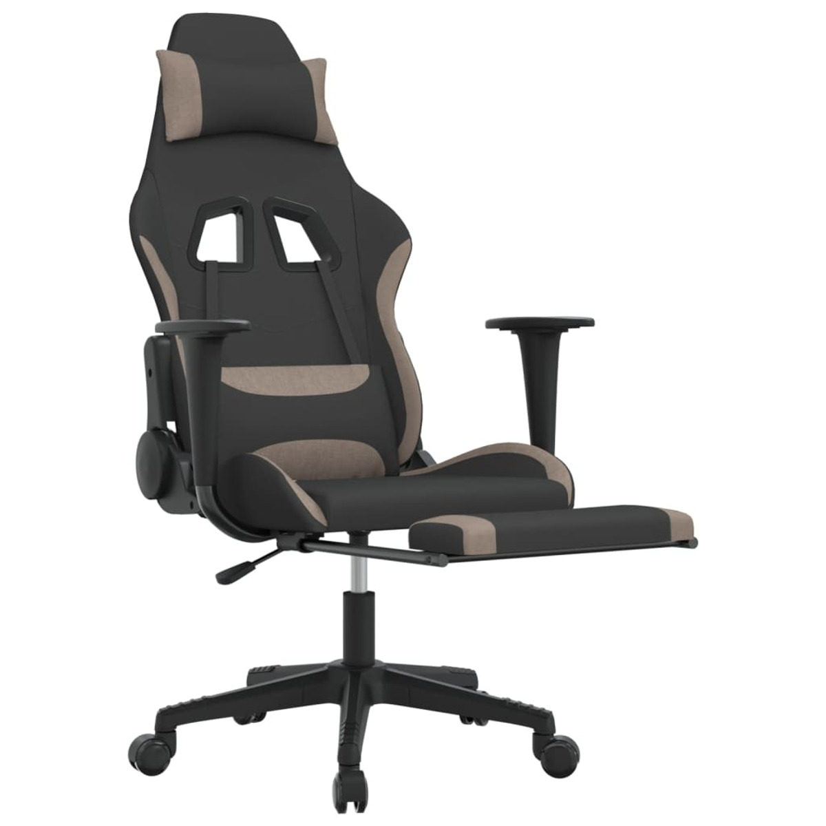 Schwarzer und beiger Gaming-Stuhl mit Kopfstütze, Armlehnen und Fußstütze auf weißem Hintergrund.