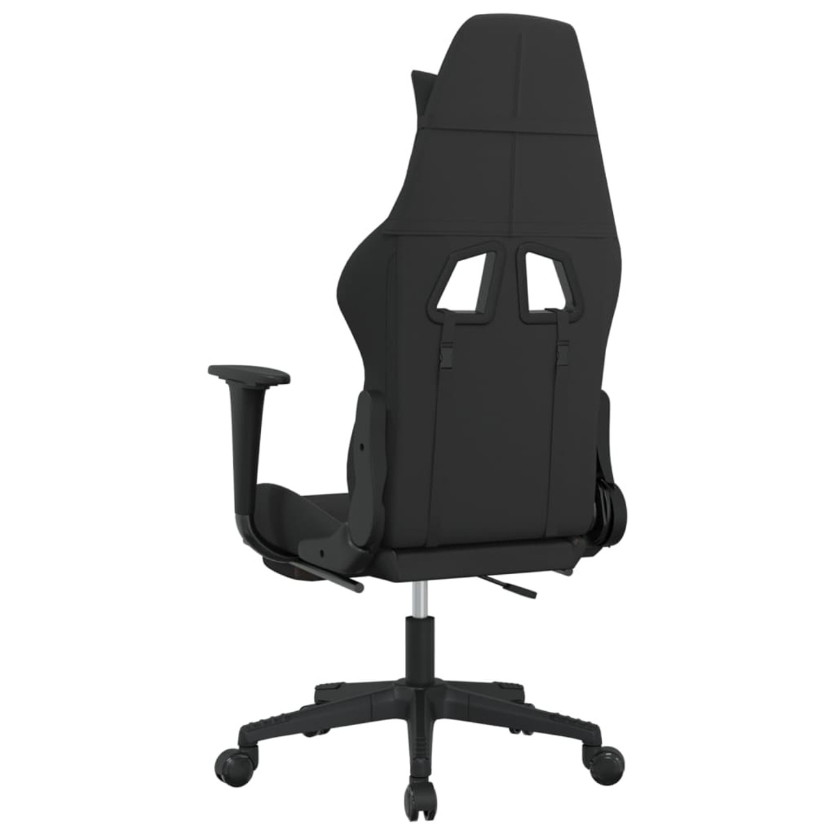 Schwarzer Gaming-Stuhl, Rückansicht. Hohe Rückenlehne, Fünf-Sterne-Basis.