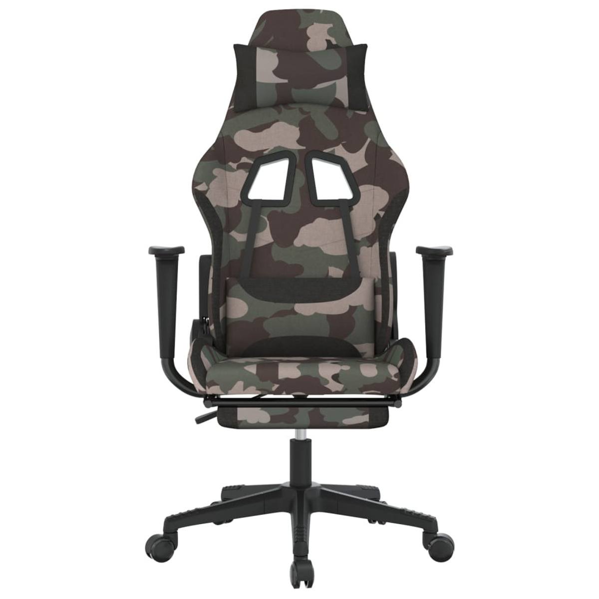 Ein Gaming-Stuhl in Frontansicht, mit einem Tarnmuster auf Sitz und Rückenlehne.