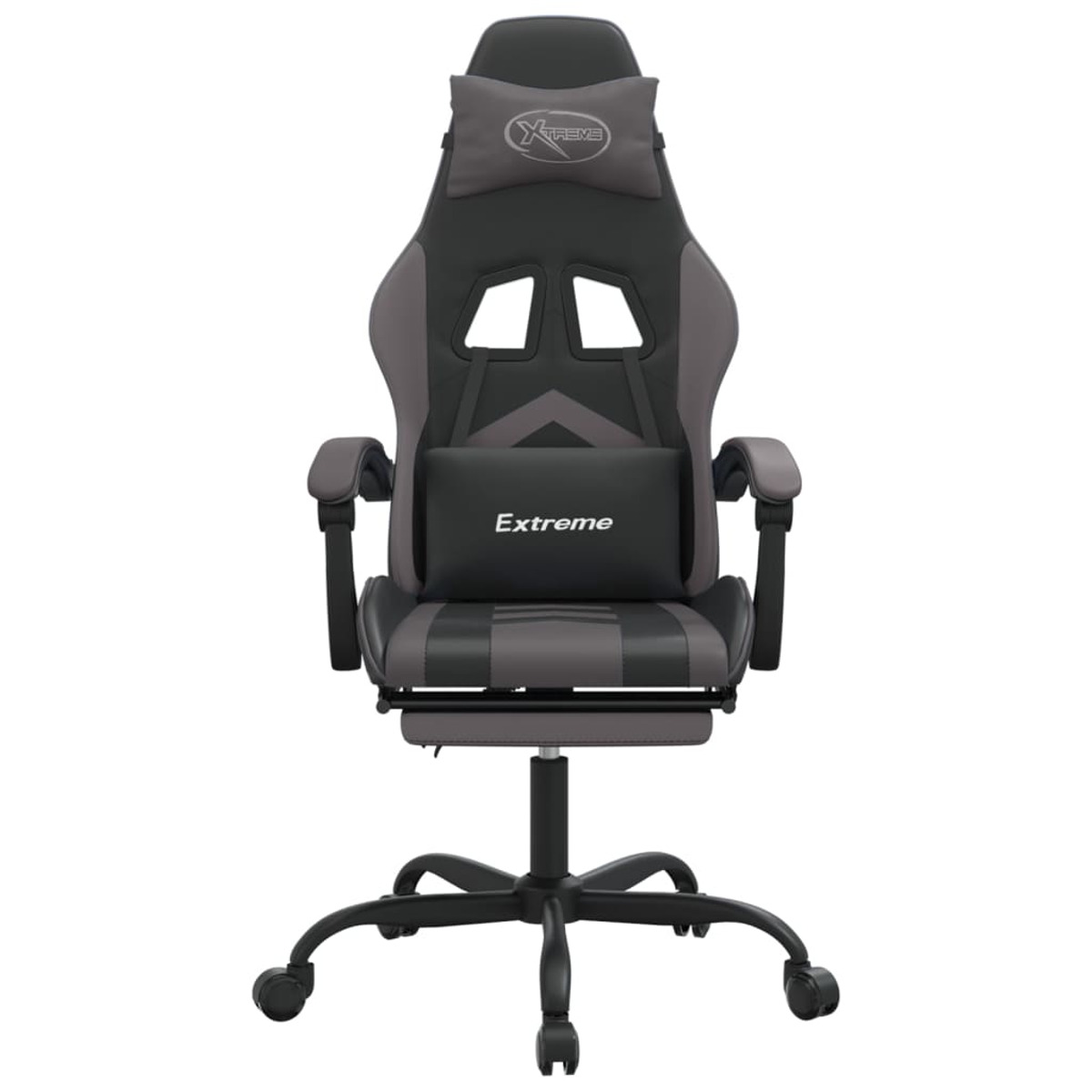 Ein schwarz-grauer Gaming-Stuhl mit Kopfstütze, Lendenwirbelstütze und Beinauflage, vor weißem Hintergrund.