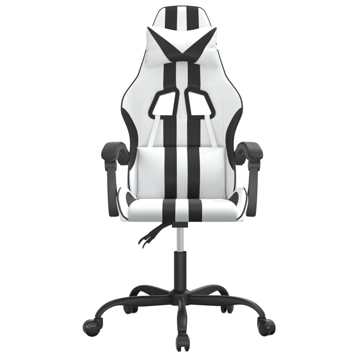 Weißer und schwarzer Gaming-Stuhl auf weißem Hintergrund, Vorderansicht.