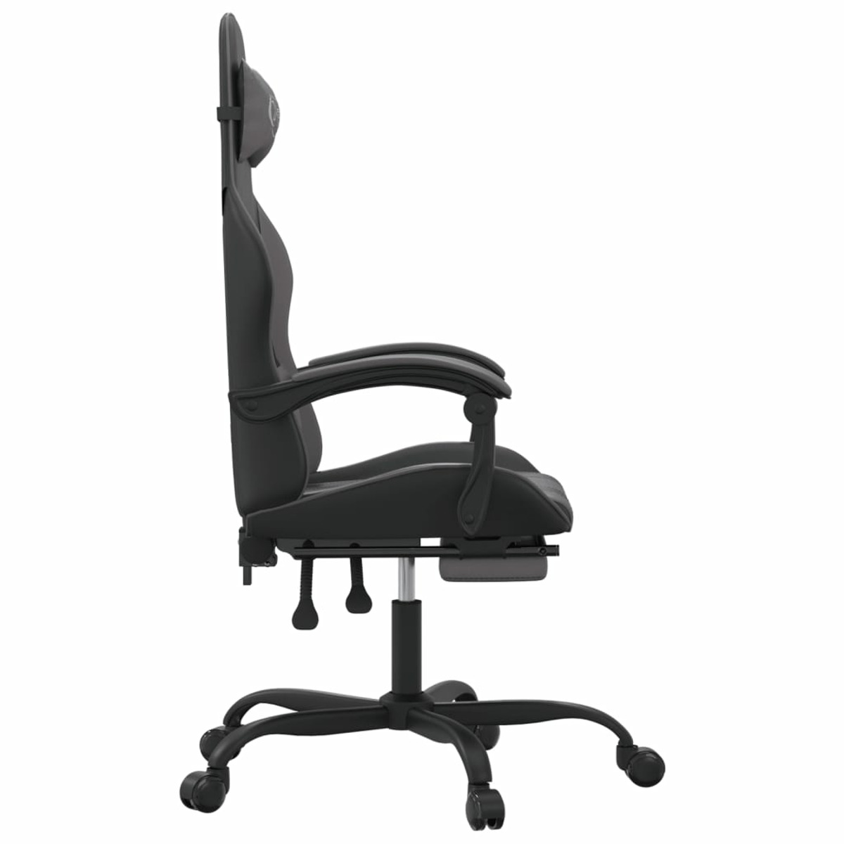 Schwarzer Gaming-Stuhl, Seitenansicht, mit Kopfstütze, Armlehnen und Rädern.