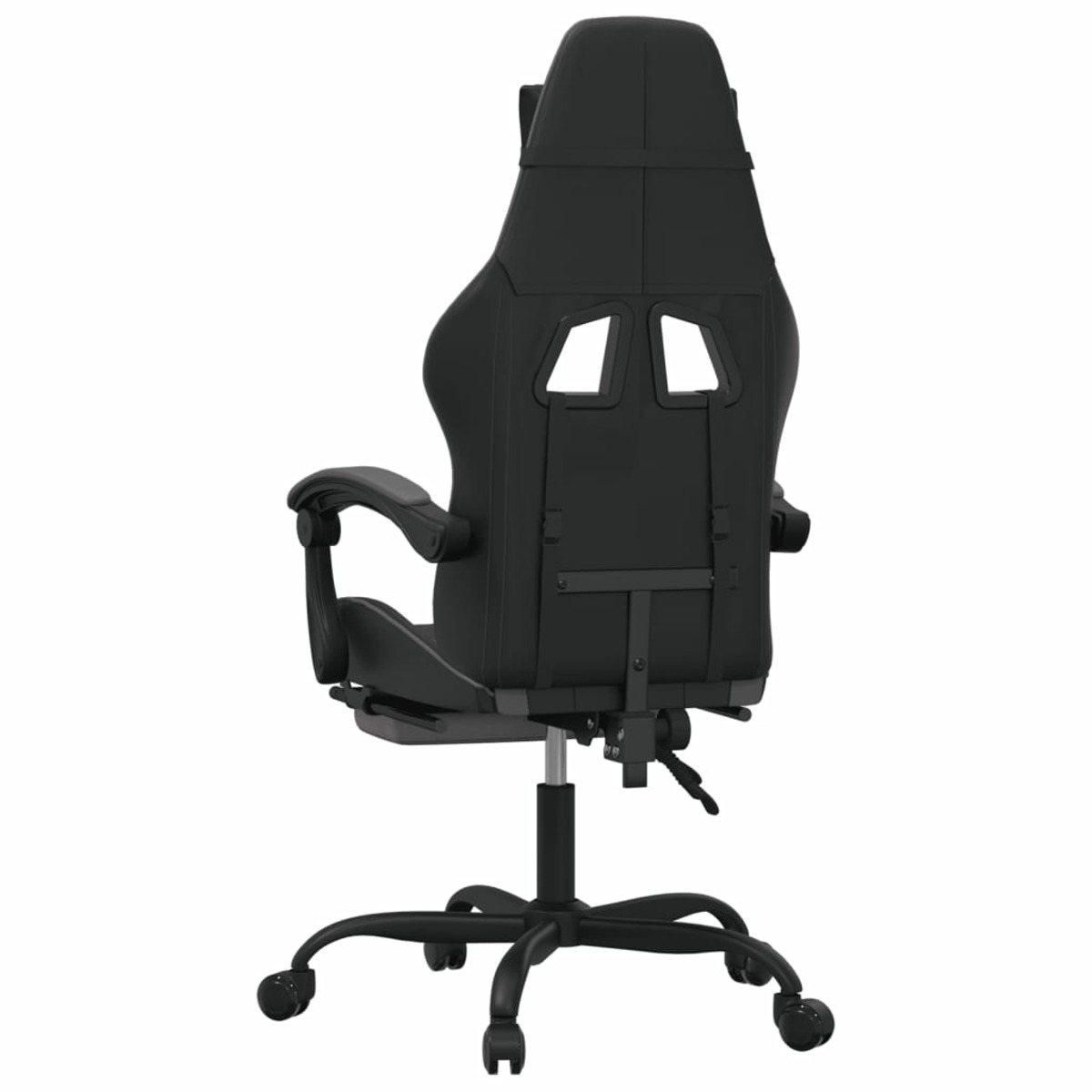 Schwarzer Gaming-Stuhl von hinten, mit hoher Rückenlehne, Armlehnen und Rollen auf weißem Hintergrund.