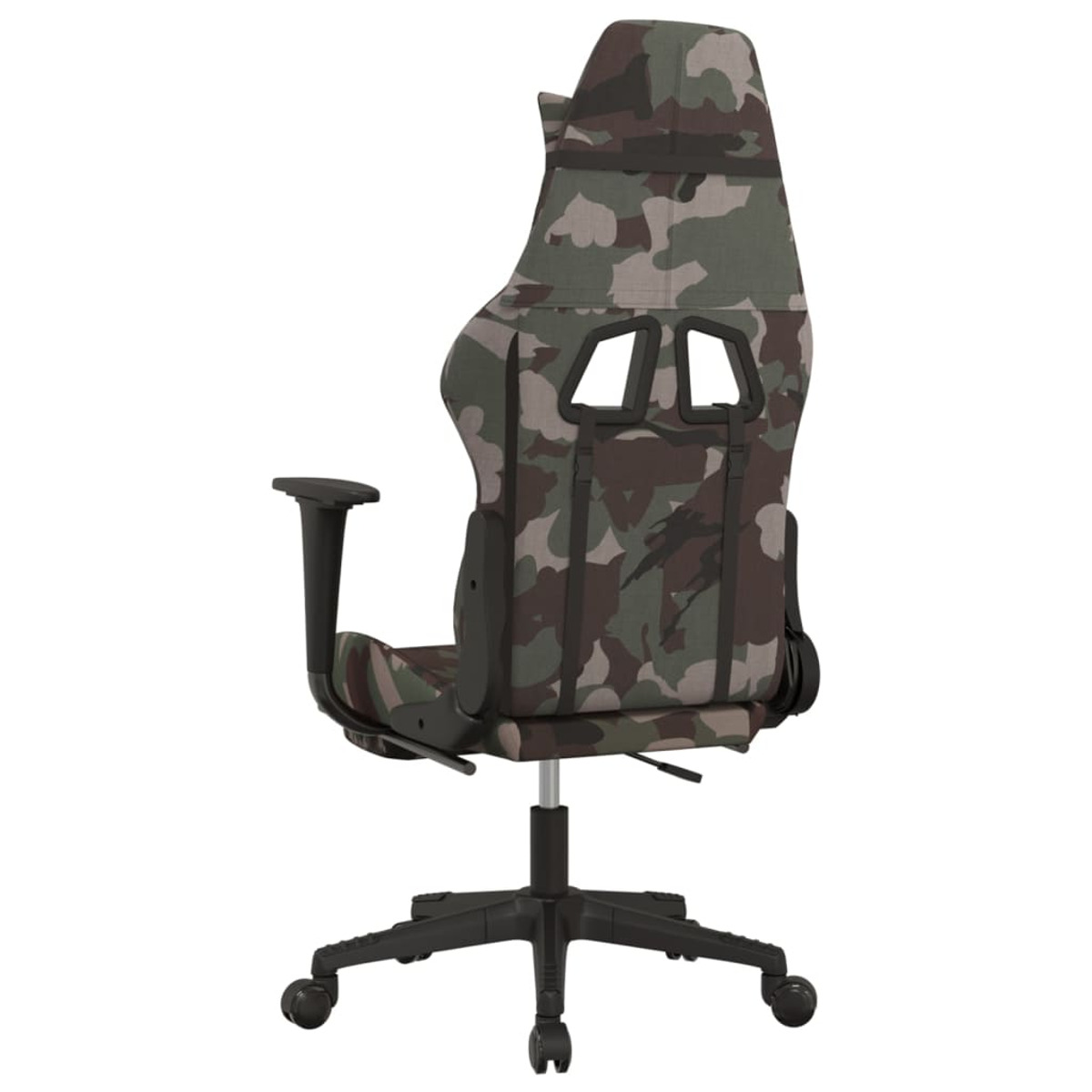 Gaming-Stuhl mit Camouflage-Stoffrücken, schwarzem Fuß, Armlehnen und Rollen, Rückansicht auf weißem Hintergrund.