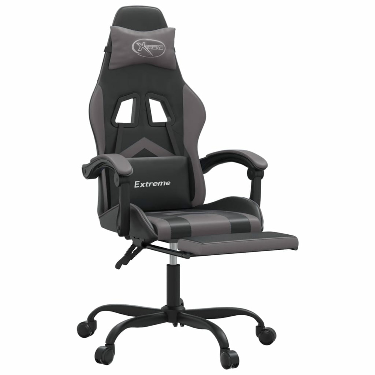 Schwarzer und grauer Gaming-Stuhl mit Kopf- und Fußstütze. Enthält das Wort 'Extreme'.