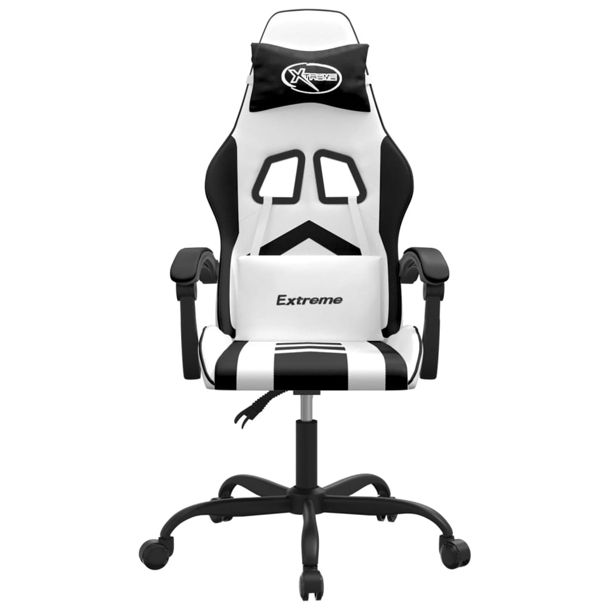 Gaming-Stuhl. Weißes und schwarzes Design. Verfügt über eine Kopfstütze und Lendenwirbelstütze. Schwarze Basis und Räder.