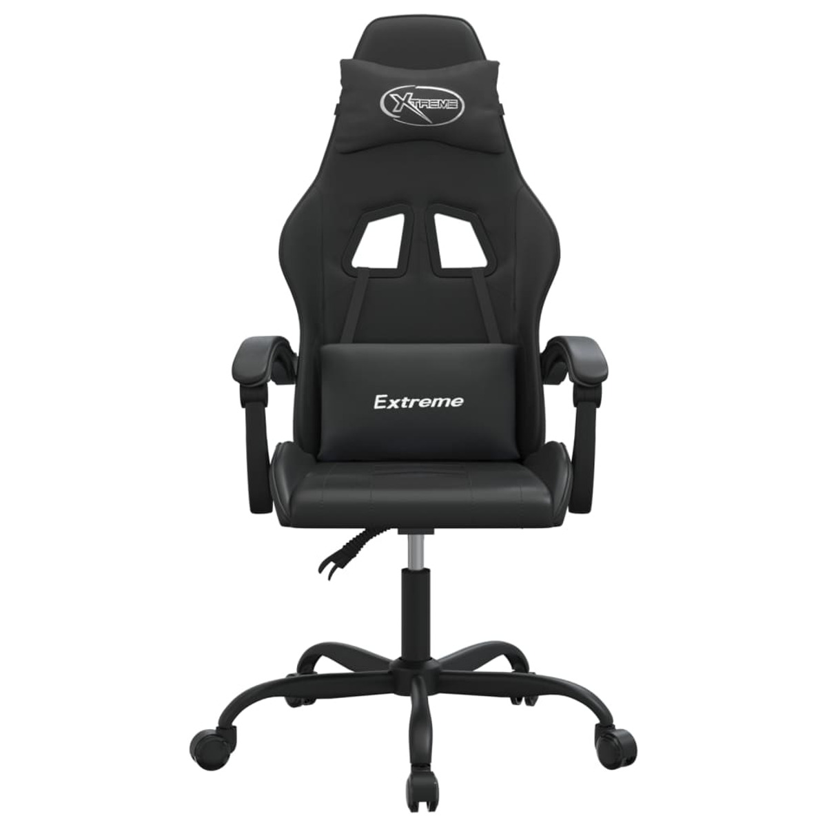 Gaming-Stuhl in Frontansicht, schwarz mit weißem Logo auf Kopfstütze und Rückenkissen, auf Rädern.