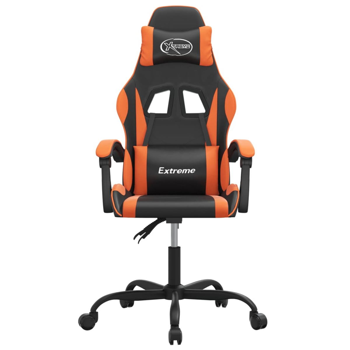 Orangener und schwarzer Gaming-Stuhl, Vorderansicht, mit 'Extreme'-Logo auf Rücken und Sitz.