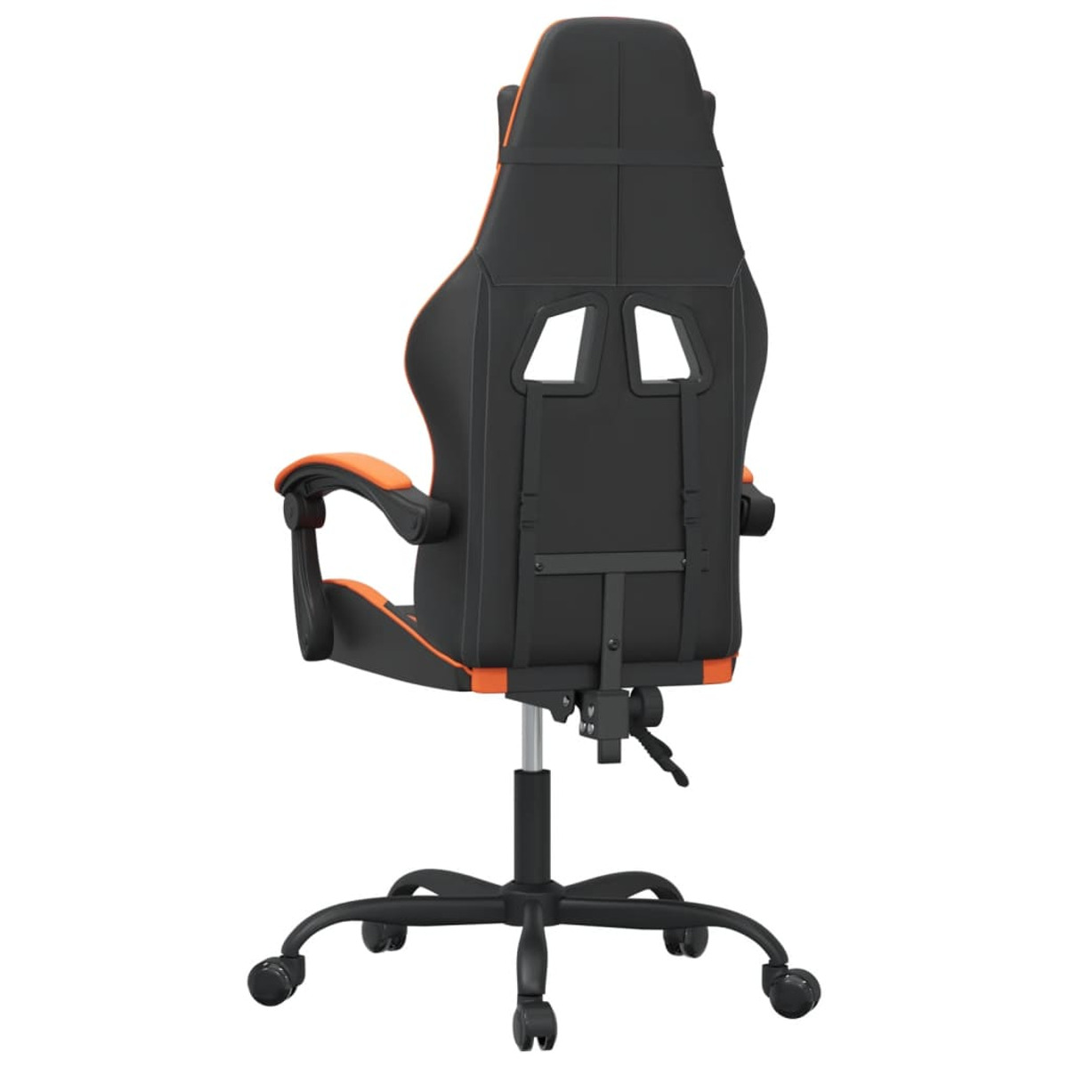 Gaming-Stuhl, schwarz mit orangefarbenen Akzenten, Rückansicht.