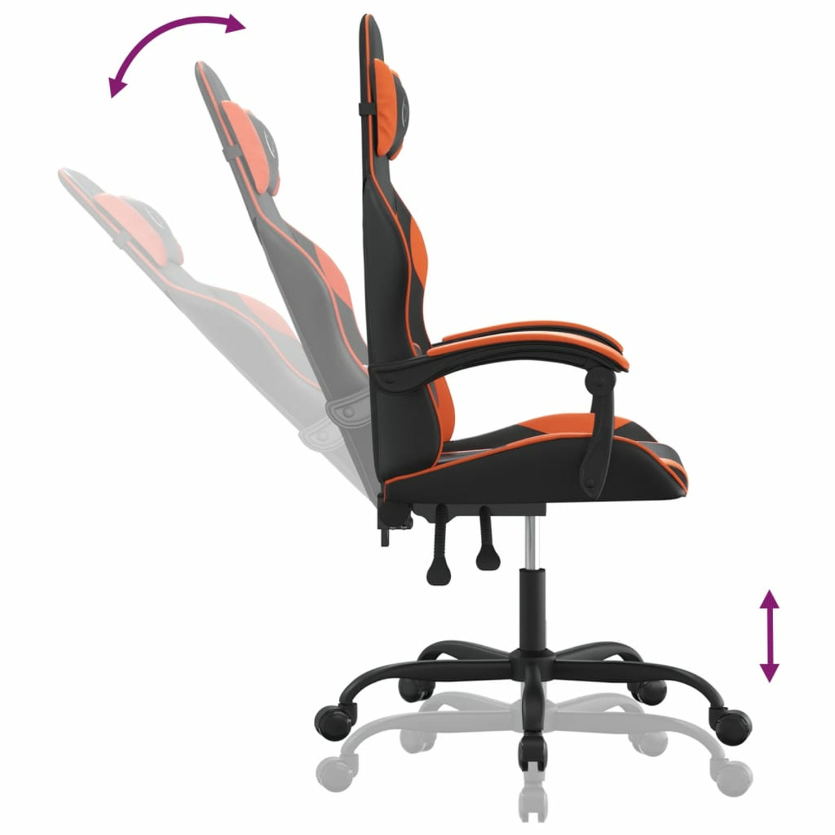Seitenansicht eines orange-schwarzen Gaming-Stuhls, mit Pfeil, der die Neigefunktion zeigt.
