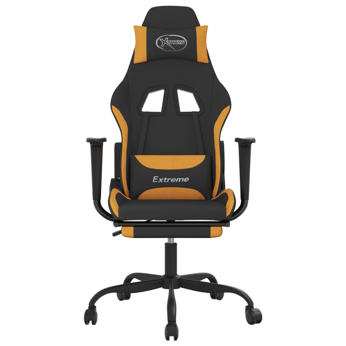 Orangener und schwarzer Gaming-Stuhl mit Kopfstütze, Armlehnen und Fußstütze. Schwarzer Sockel.