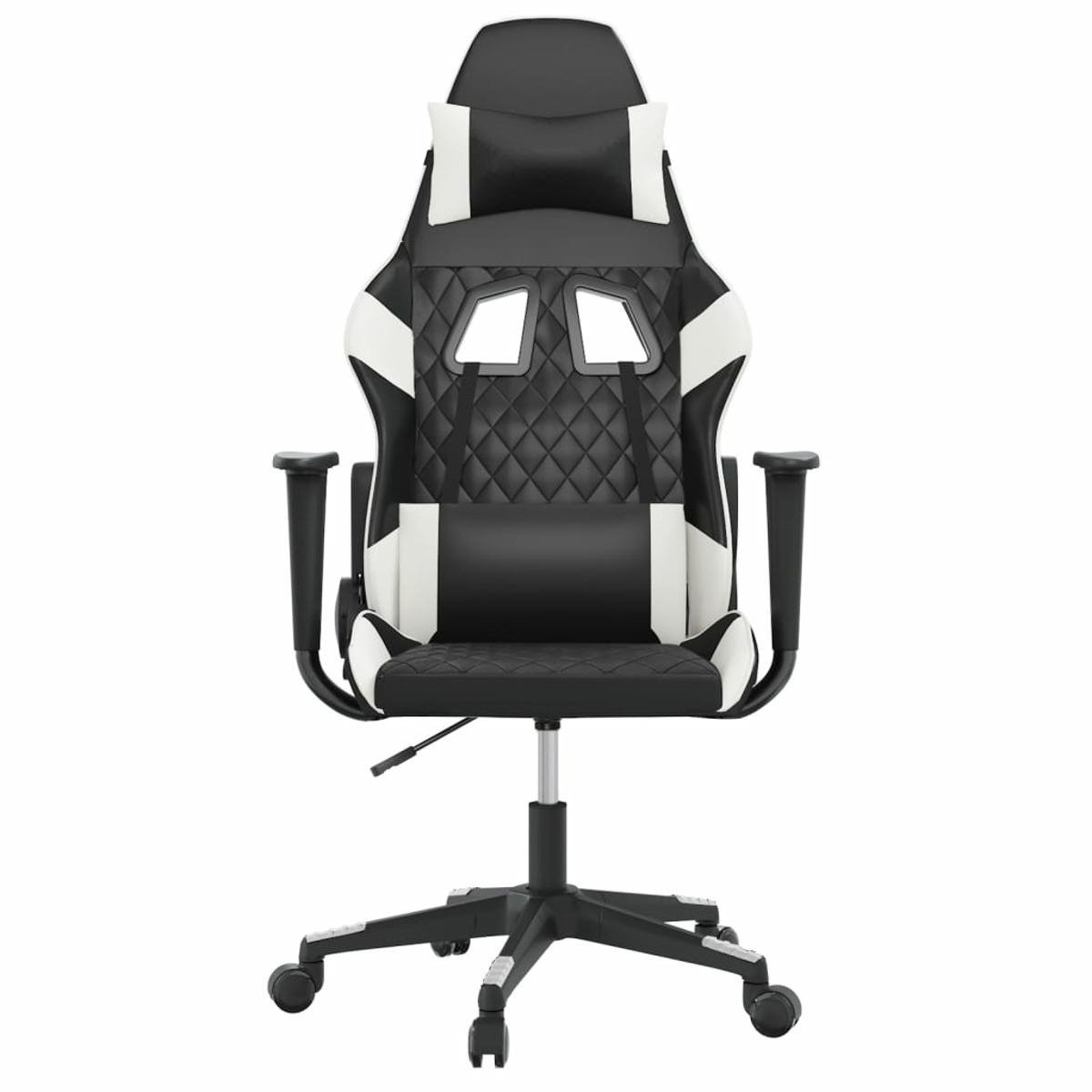 Gaming-Stuhl, Vorderansicht, schwarz-weißes Design, Kopfstütze, Armlehnen. Weißer Hintergrund.