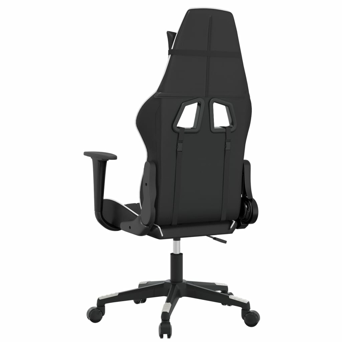 Schwarz-weißer Gaming-Stuhl, Rückansicht, mit schwarzem Gestell und Rollen.