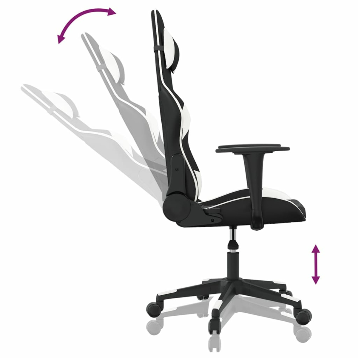 Gaming-Stuhl, schwarz/weiß mit verstellbarer Rückenlehne und Höhe, auf weißem Hintergrund.