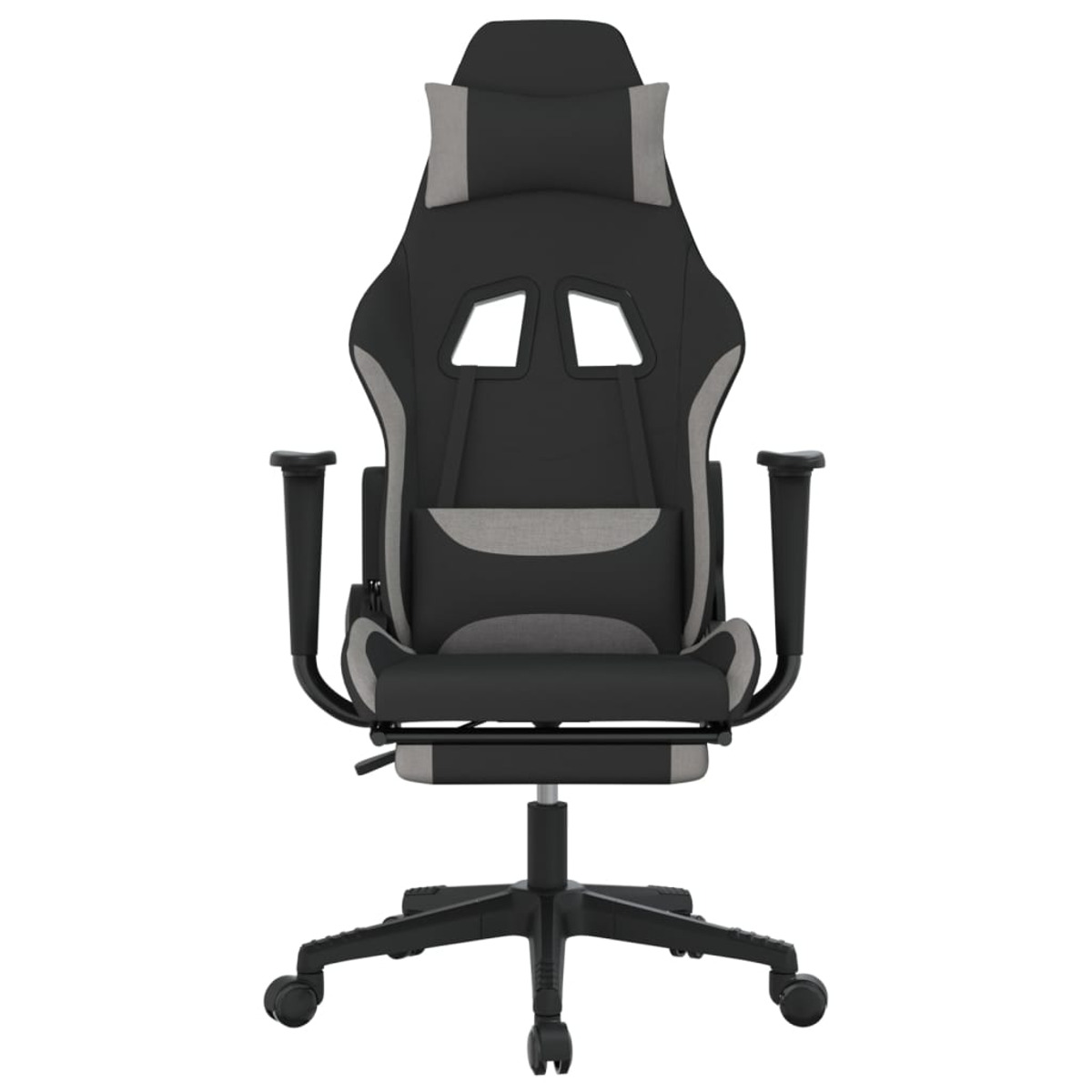 Vorderansicht eines schwarz-grauen Gaming-Stuhls mit Kopfstütze, Armlehnen und Rollen am Fuß.