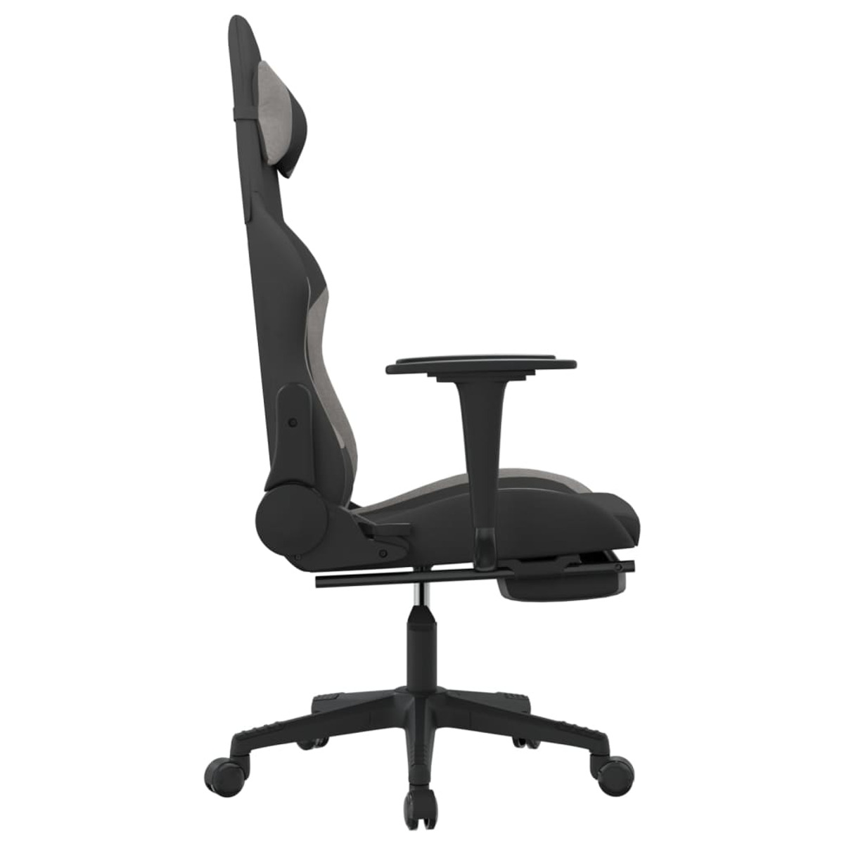 Gaming-Stuhl, Seitenansicht, schwarz und grau, mit Kopfstütze und Fußstütze.