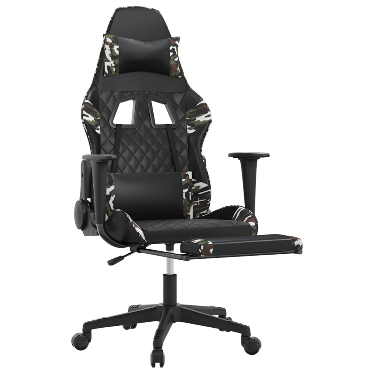 Gaming-Stuhl mit Tarnmuster auf schwarzem und weißem Hintergrund.