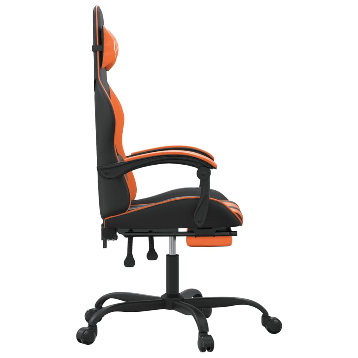 Ein Gaming-Stuhl, schwarz mit orangefarbenen Akzenten, von der Seite gesehen. Er steht vor weißem Hintergrund.