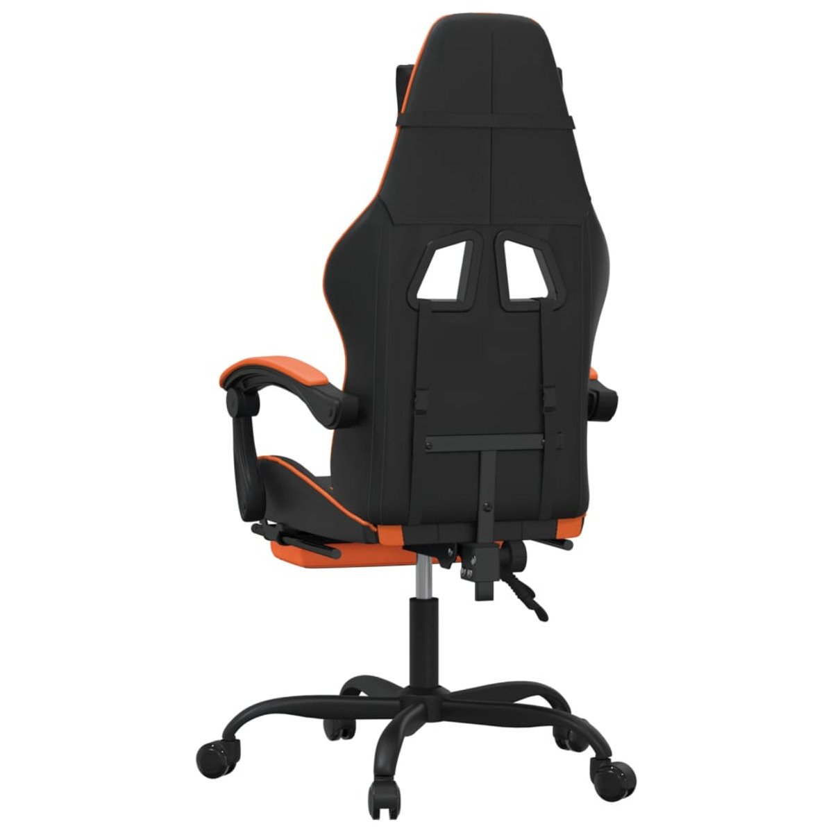 Gaming-Stuhl, Rückansicht, schwarz und orange. Der Stuhl hat Löcher und ein schwarzes Untergestell mit Rädern.