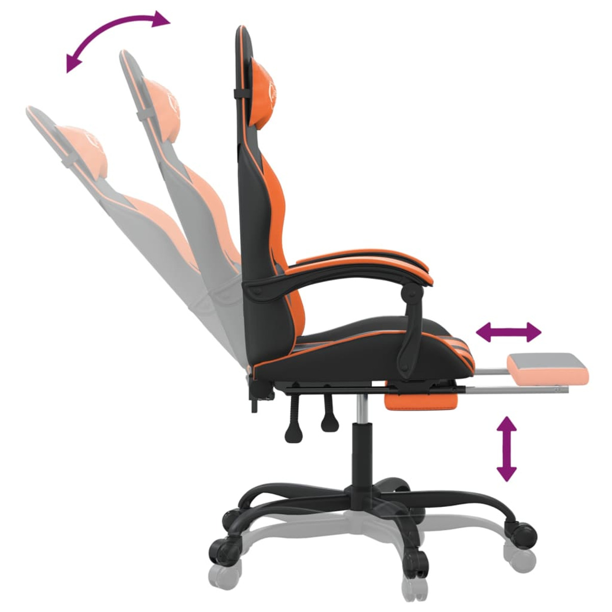 Ein Gaming-Stuhl mit orangefarbenen Akzenten, der verstellbare Winkel der Rückenlehne und Fußstütze zeigt.
