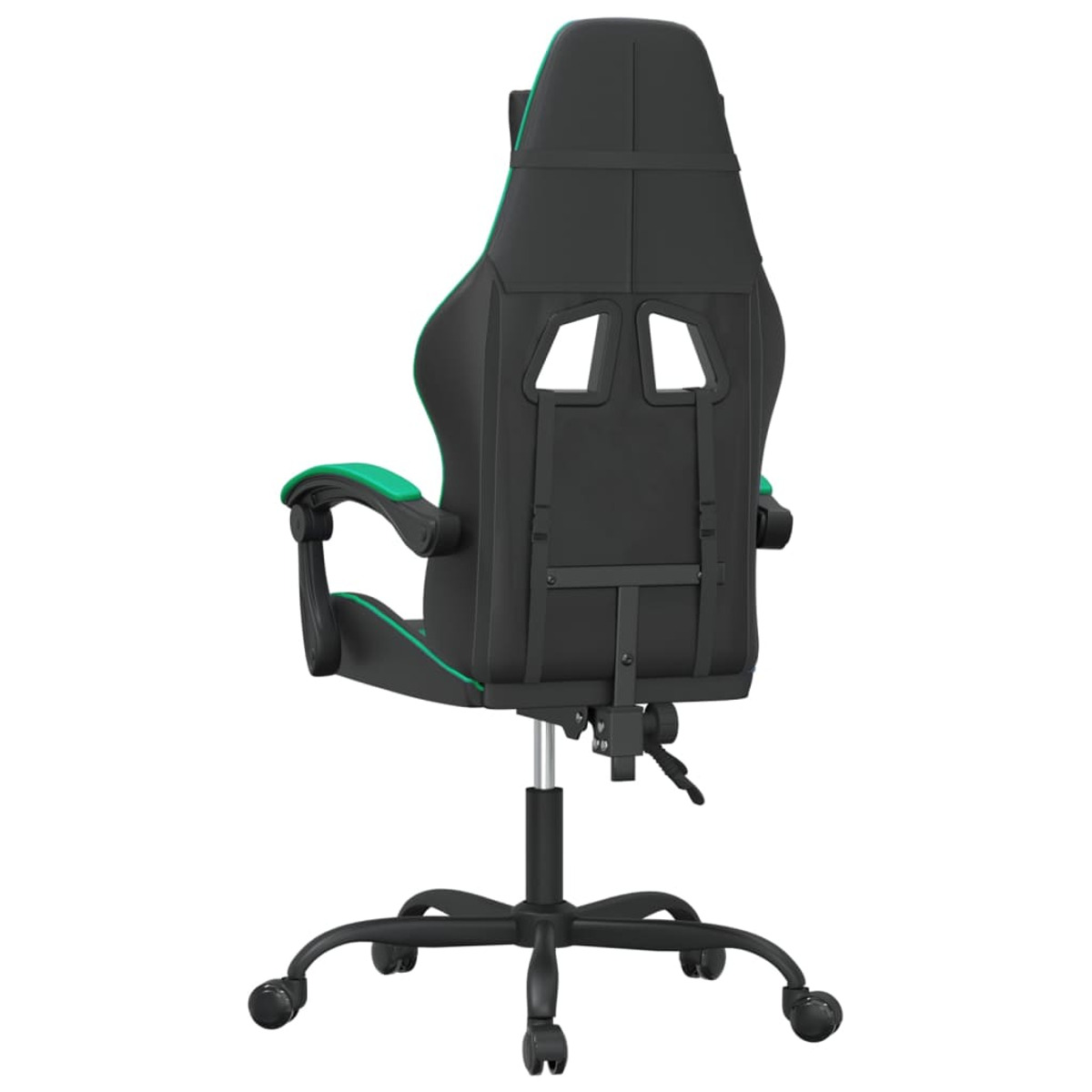 Rückansicht eines schwarzen Gaming-Stuhls mit grünen Akzenten, schwarzem Fuß und Rädern.