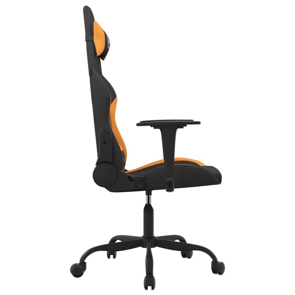 Orangener und schwarzer Gaming-Stuhl, von der Seite gesehen, vor weißem Hintergrund. Er hat Armlehnen.