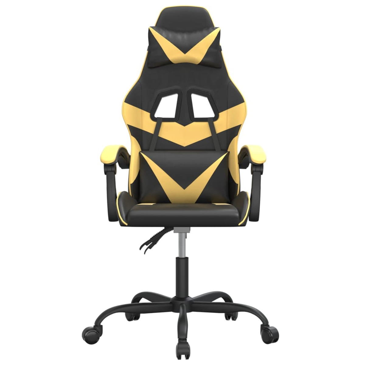 Gaming-Stuhl. Schwarz mit gelben Details, einschließlich Kopfstütze, Armlehnen und Sitz. Schwarze Basis und Räder.