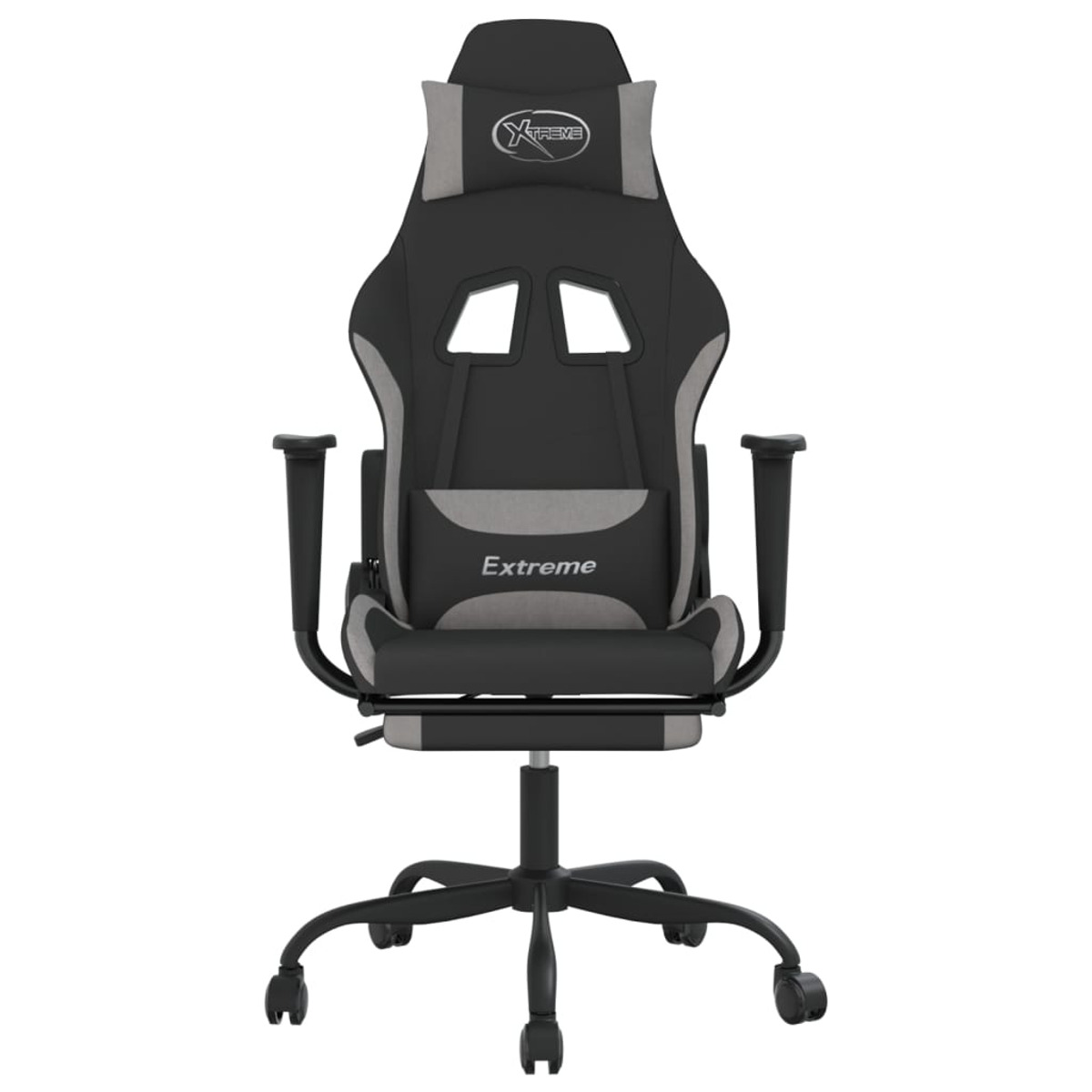 Vorderansicht eines schwarz-grauen Gaming-Stuhls mit Kopfstütze und Fußstütze, 'Xtreme'-Logo.