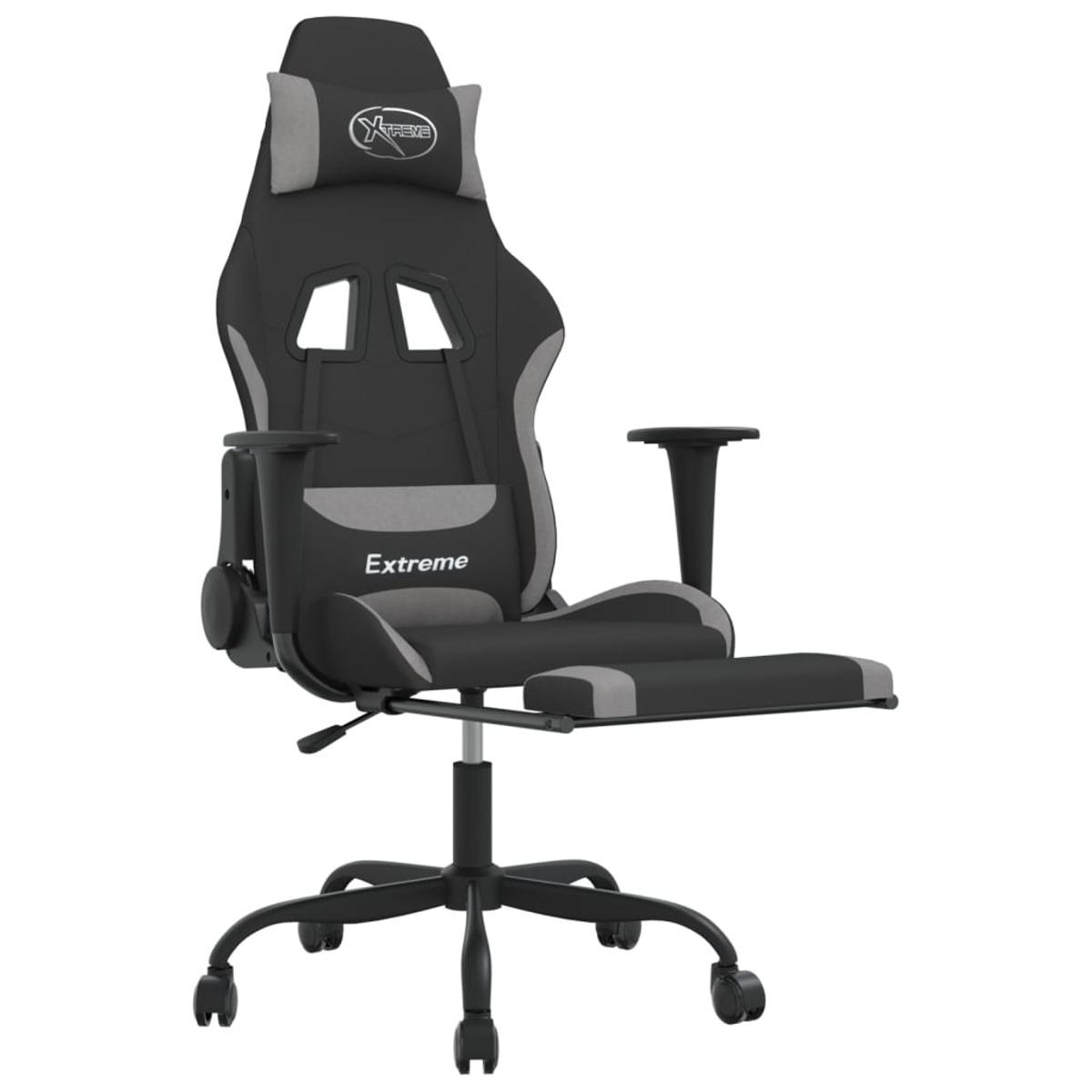 Schwarz-grauer Gaming-Stuhl mit Kopfstütze, Rückenlehne, Armlehnen und Fußstütze.